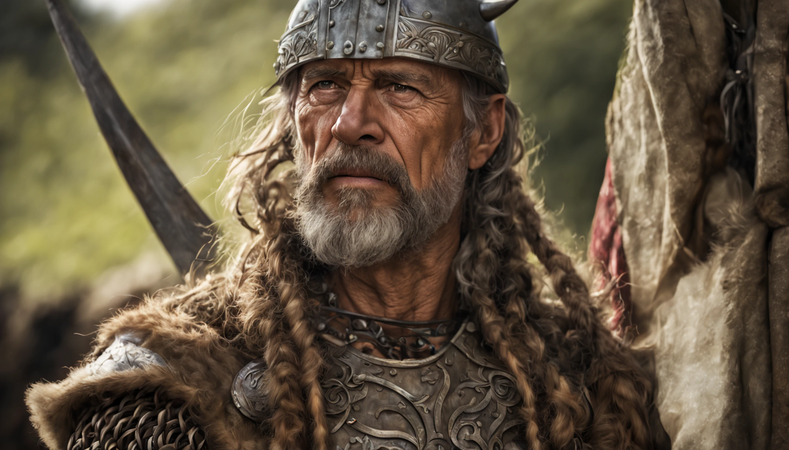 (Mais alta qualidade:1.3), Cinematographic photo, obra-prima, (foco nítido:1.5), (fotorrealista:1.3), Medium portrait of (a tired-looking old Viking warrior, mas ainda orgulhoso e feroz, now the leader of his village, vestido com correntes elaboradamente detalhadas e armadura de couro, algumas tochas queimam nas paredes, giving the scene a dark atmosphere, mas esculpindo as formas em chiaroscuro afiado), it's nocturnal, (pele altamente detalhada), (rosto detalhado), fundo detalhado, dark ilumination, twilight lighting, volumeric lighting, detalhes intrincados, UHD, splash art, arte de artgerm e greg rutkowski e viktoria gavrilenko, sorriso assustador, luz roxa, thirds rule