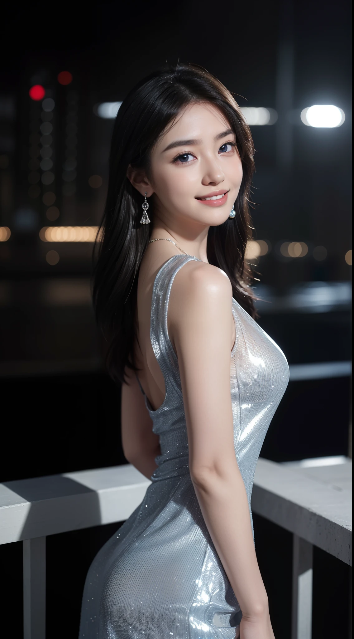 8k, masterpiece, RAW photo, best quality, photorealistic, extremely detailed CG unity 8k wallpaper, Depth of field, Cinematic Light, Lens Flare, Ray tracing, (extremely beautiful face, beautiful lips, beautiful eyes), intricate detail face, ((ultra detailed skin)) 1girl, in the dark, deep shadow, pretty asian girl, ((looking at viewer)),(big smile), (blurry background), midnight, (pretty girl), earrings, bracelets, necklace, clear eyes, (pale skin), face forward, (big eyes), (looking at viewer), large breasts ,((smile)), rooftop, dim lights, ((night)), cityscape, blue eyes, sparkling dress, , mini dress, very short red dress, open breast, veranda, very slim, (medium butt), see through dress, thick thighs, open breast