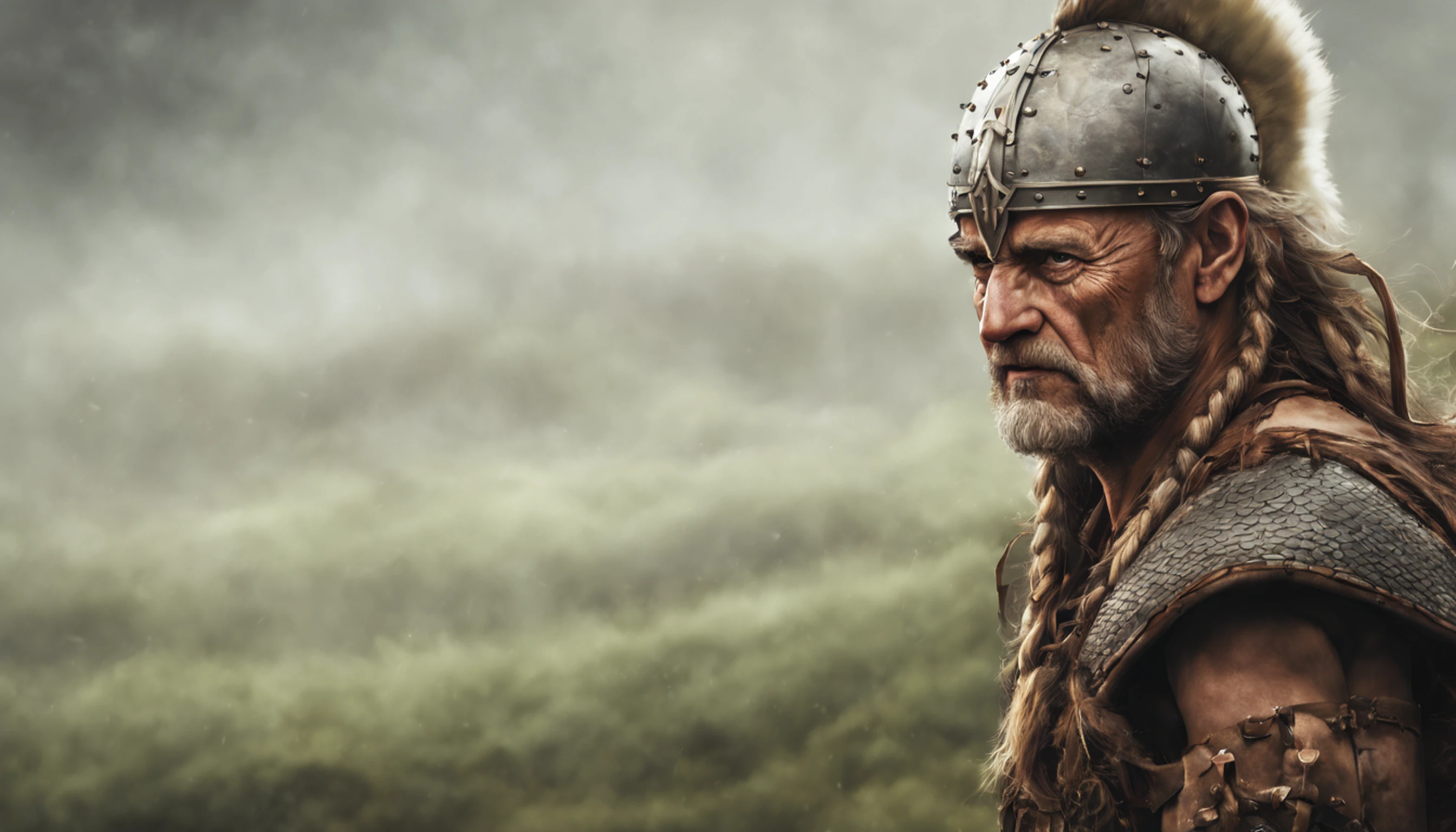 (Mais alta qualidade:1.3), Cinematographic photo, obra-prima, (foco nítido:1.5), (fotorrealista:1.3), Medium portrait of (a tired-looking old Viking warrior, mas ainda orgulhoso e feroz, now the leader of his village, vestido com correntes elaboradamente detalhadas e armadura de couro, algumas tochas queimam nas paredes, giving the scene a dark atmosphere, mas esculpindo as formas em chiaroscuro afiado), it's nocturnal, (pele altamente detalhada), (rosto detalhado), fundo detalhado, dark ilumination, twilight lighting, volumeric lighting, detalhes intrincados, UHD, splash art, arte de artgerm e greg rutkowski e viktoria gavrilenko, sorriso assustador, luz roxa, thirds rule