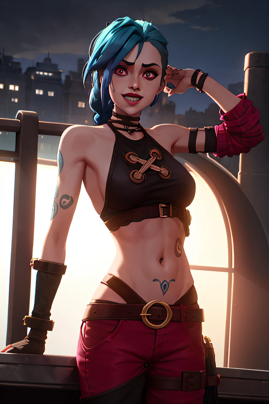 arcane style, 1girl, full body image, detailed face, NSFW, arm tattoo, asymmetrical bangs, bangs, blue hair, braid, brown shirt, cloud tattoo, looking at viewer, small tits, squat, smiling, night, city, green hair, long hair, midriff, pink eyes, red lips, tight shirt, solo, naked, waiting for sex, sex pose, after sex, no clothes, wet pussy, (bare tits), tattoo, twin braids, arcane jinx, jinx \(league of legends\), pussy offer