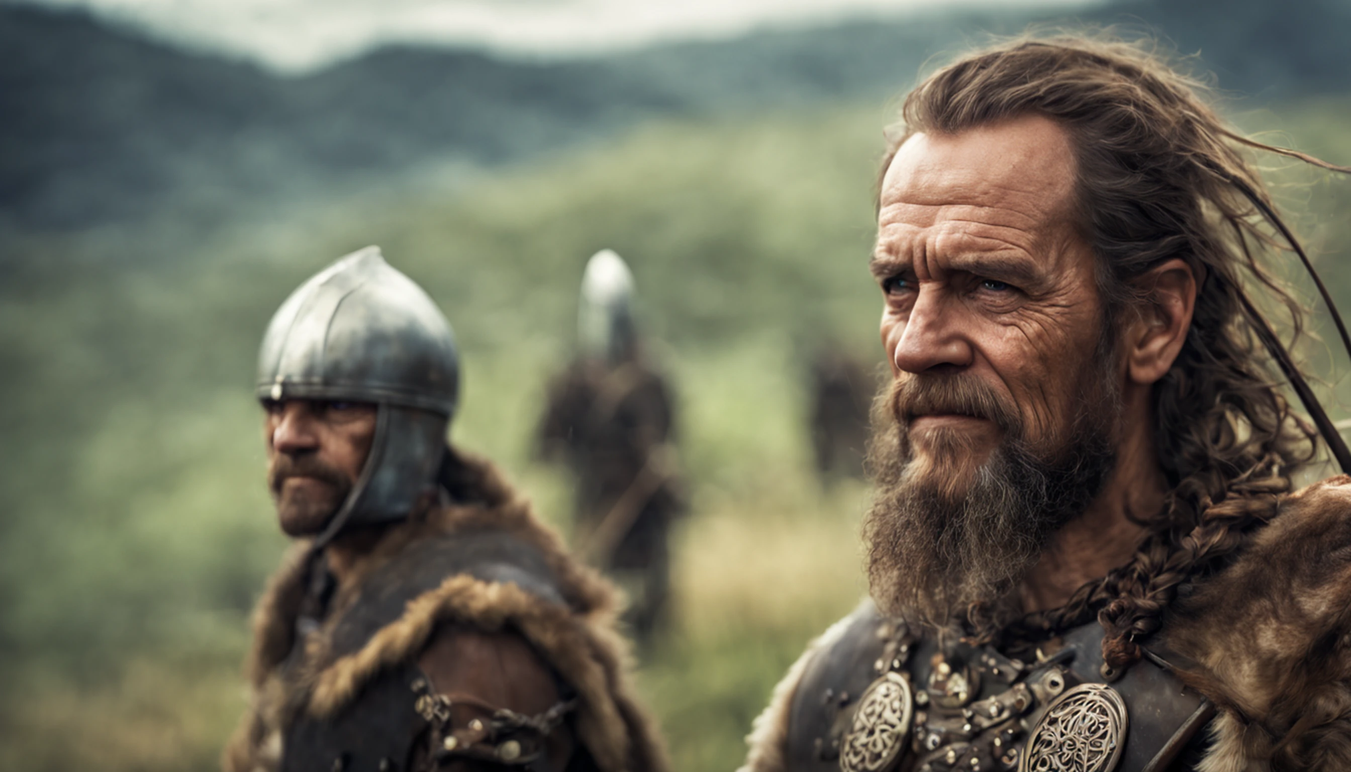 (Mais alta qualidade:1.3), Cinematographic photo, obra-prima, (foco nítido:1.5), (fotorrealista:1.3), Medium portrait of (a tired-looking old Viking warrior, mas ainda orgulhoso e feroz, now the leader of his village, vestido com correntes elaboradamente detalhadas e armadura de couro, algumas tochas queimam nas paredes, giving the scene a dark atmosphere, mas esculpindo as formas em chiaroscuro afiado), it's nocturnal, (pele altamente detalhada), (rosto detalhado), fundo detalhado, dark ilumination, twilight lighting, volumeric lighting, detalhes intrincados, UHD, splash art, arte de artgerm e greg rutkowski e viktoria gavrilenko, sorriso assustador, luz roxa, thirds rule