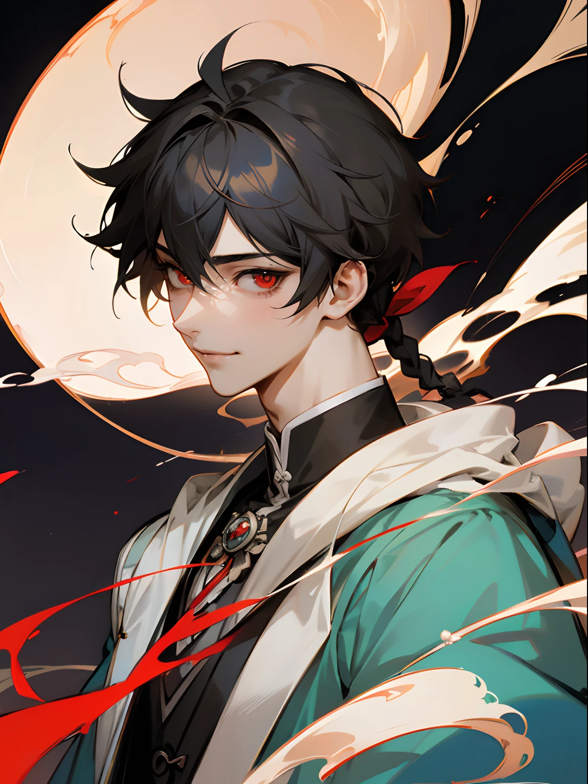 a close up of a man , splash color, beautiful androgynous prince, sakimichan frank franzzeta, delicate androgynous prince, heise jinyao, handsome guy in demon slayer art, casimir art, zhongli from genshin impact, range murata and artgerm, keqing from genshin impac, black hair with braid, red eyes, smoke effect, smile
