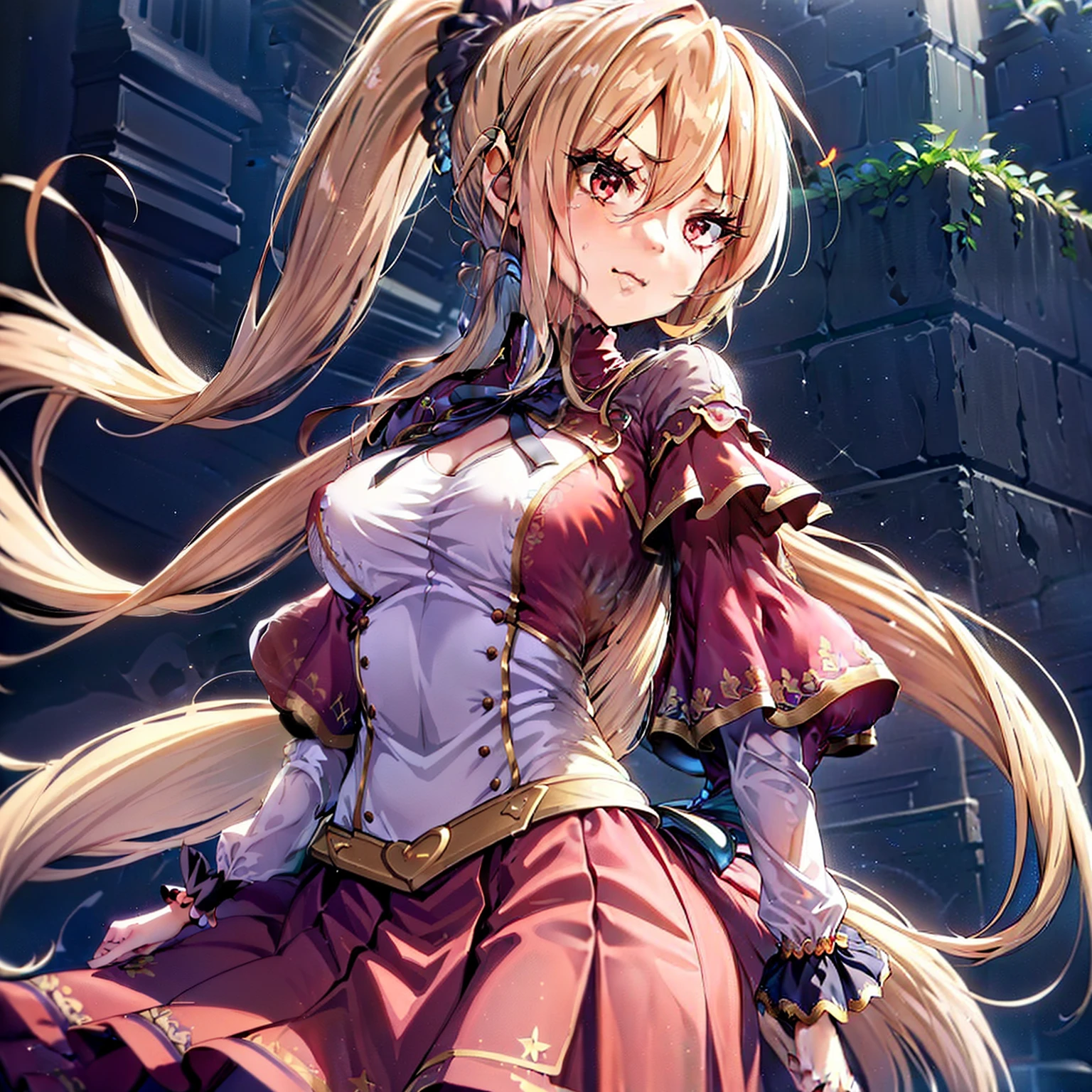 (masutepiece, Best Quality:1.2), Extremely detailed, detailed hairs, Soft skin,

1girl in, Solo, Upper body,(Halloween, squash, fancy dress)

blonde  hair, Long hair, High Ponytail, Long ponytail,

Red Eyes, long eyelashes, thick eyelashes, Looking at Viewer,

Red dress, backless dress, ornate dress, Puffy skirt, Long skirt, Puffy sleeves, juliet sleeves, Long sleeves,

,

Black background,