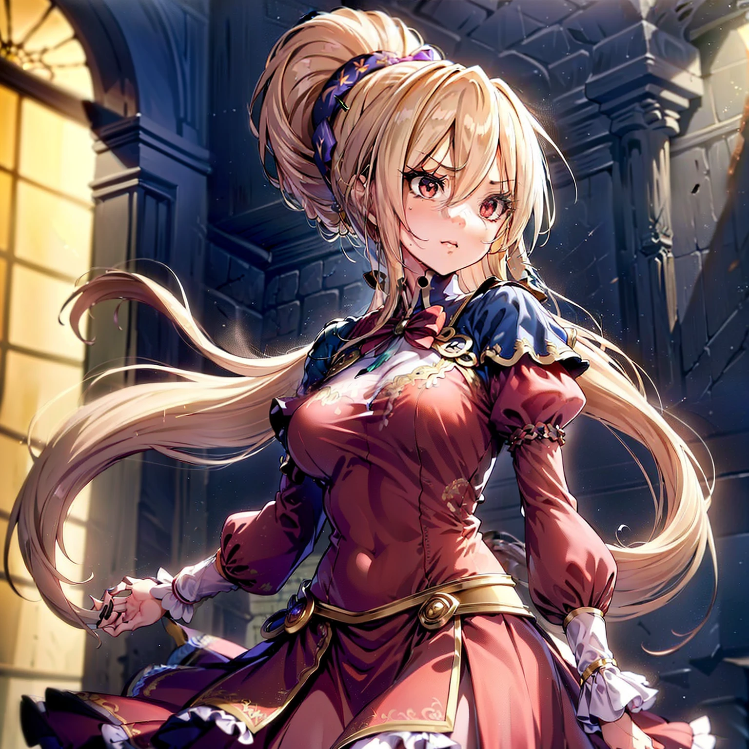 (masutepiece, Best Quality:1.2), Extremely detailed, detailed hairs, Soft skin,

1girl in, Solo, Upper body,(Halloween, squash, fancy dress)

blonde  hair, Long hair, High Ponytail, Long ponytail,

Red Eyes, long eyelashes, thick eyelashes, Looking at Viewer,

Red dress, backless dress, ornate dress, Puffy skirt, Long skirt, Puffy sleeves, juliet sleeves, Long sleeves,

,

Black background,