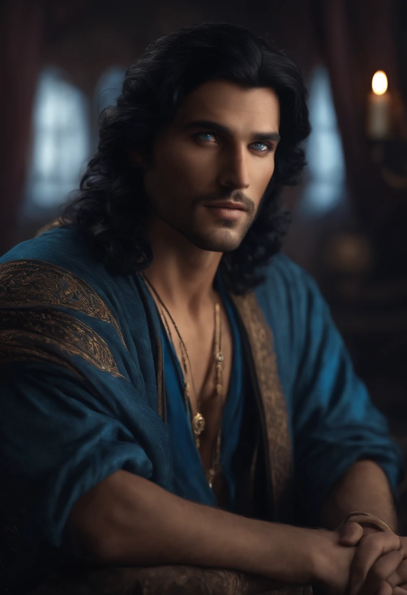 GYPSY MAN,_BLACK HAIR,BLUE EYES,CALICE, ,BLUE CLOTHES_, front view, , realistic, MAGICAL