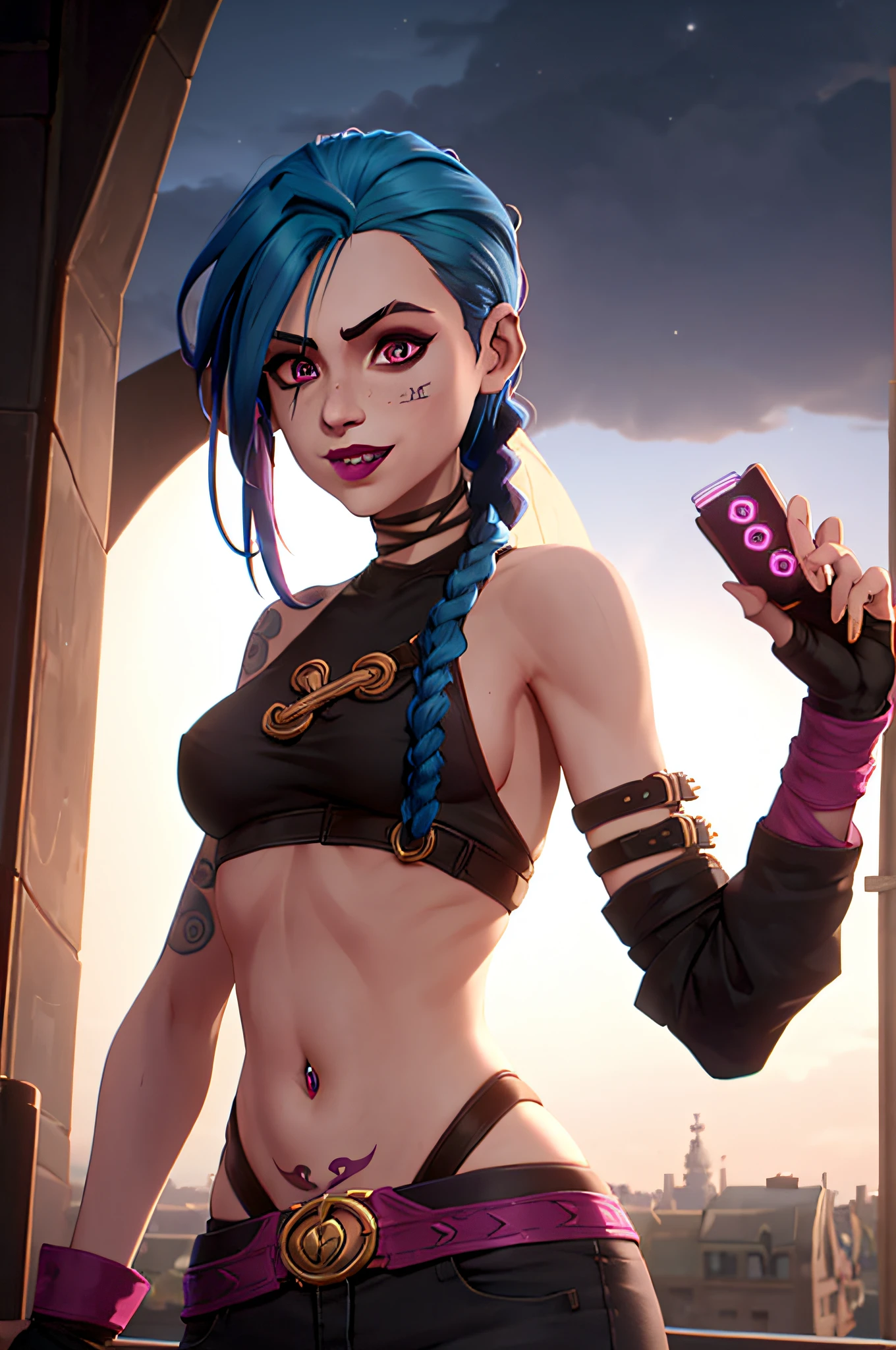 arcane style,

1girl, arm tattoo, asymmetrical bangs, bangs, blue hair, braid, brown shirt, cloud tattoo, looking at viewer, laughing, crazy, uncontrollable laugh, mad look, night, city, green hair, long hair, midriff, pink eyes, red lips, shirt, solo, standing, tattoo, twin braids, upper body, arcane jinx, jinx \(league of legends\)