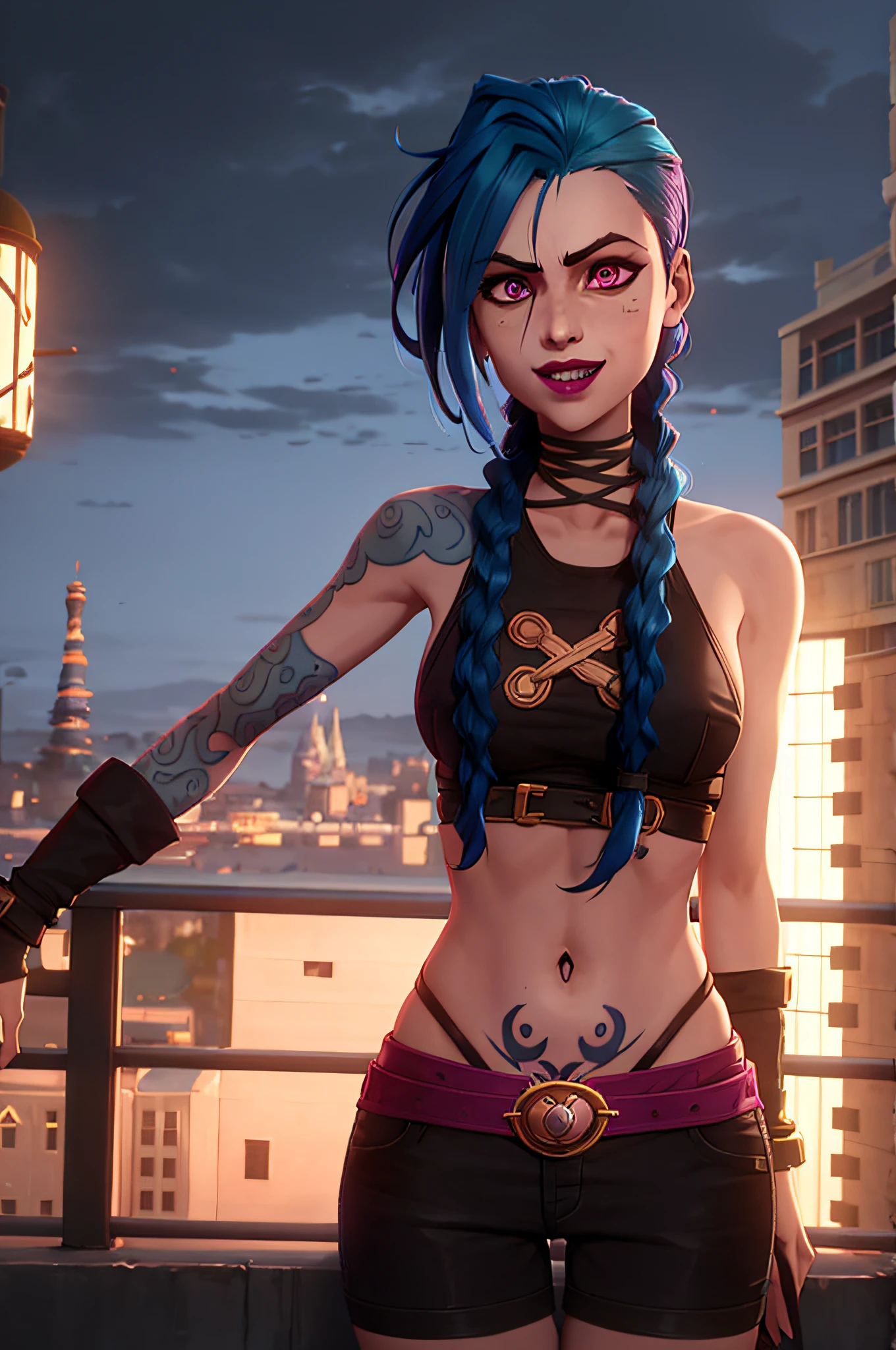 arcane style,

1girl, arm tattoo, asymmetrical bangs, bangs, blue hair, braid, brown shirt, cloud tattoo, looking at viewer, laughing, crazy, uncontrollable laugh, mad look, night, city, green hair, long hair, midriff, pink eyes, red lips, shirt, solo, standing, tattoo, twin braids, upper body, arcane jinx, jinx \(league of legends\)