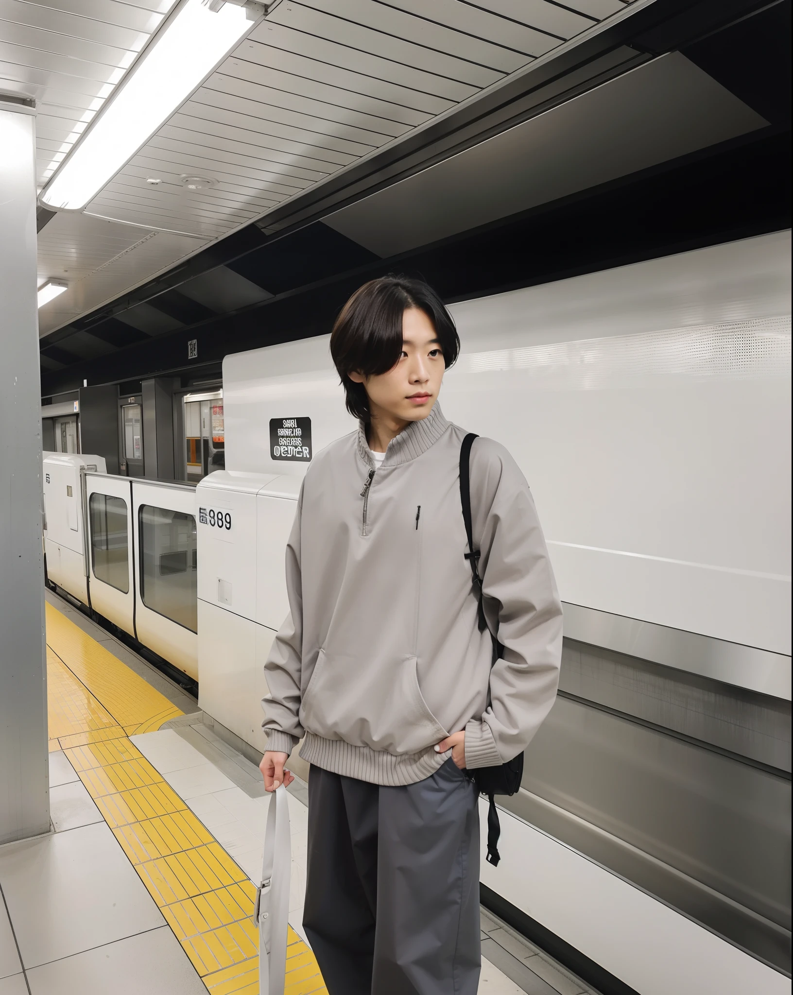 There is a man standing on the platform with a bag, in Tokyo under, 🚿🗝📝, japanese streetwear, in neo tokyo, on the subway