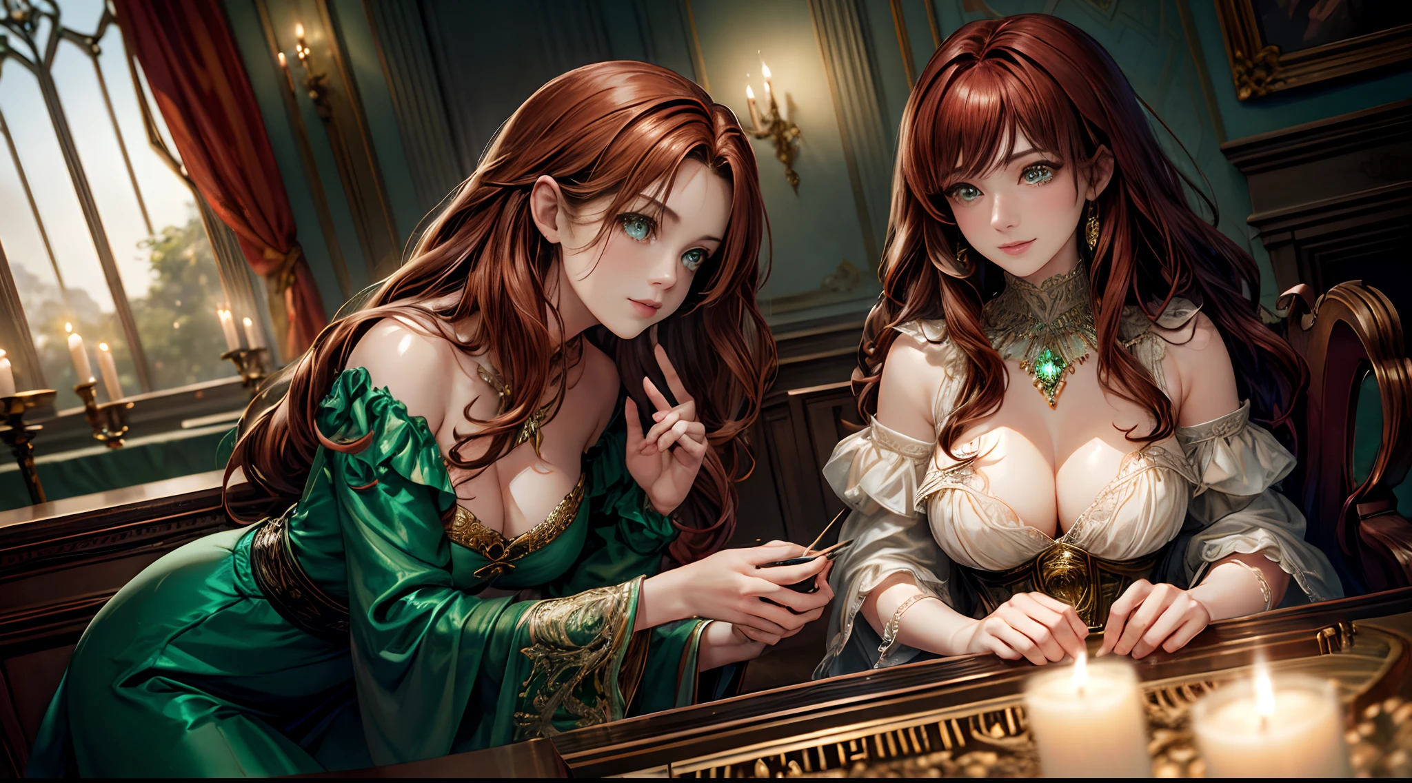 masterpiece, 8K, UHD, photo-realistic:1.3), enchanting woman with large breast, flowing auburn hair, (mesmerizing emerald eyes:1.2), playing a grand piano, dimly lit room, cascading moonlight, (elegant crimson gown:1.1), intricate lace details, polished mahogany floor, towering arched window, nocturnal ambiance, (silvery moonbeam:1.2), tranquil, poignant atmosphere, subtle reflection on the piano's glossy surface, extreme close-up, enchanting smile, richly textured wallpaper, vintage candelabrum, flickering candles, delicate music notes in the air