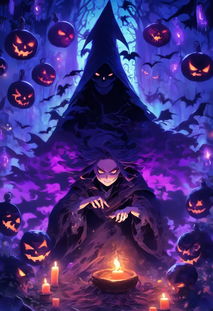 (best quality,4k,highres),(realistic:1.37),ultra-detailed,gloomy,horror,witch,insane,casting,purple skull based glowing spells,dark forest,moonlight,thick fog,bats flying,burning candles,spellbook,spider webs,broomstick,witch hat,long wavy hair,piercing eyes,pale face,creepy smile,demonic ritual,enchanted potions,mystical symbols,cackling laughter,haunted atmosphere,ominous shadows,hauntingly beautiful,otherworldly,macabre,spooky,gothic,nightmare-inducing,terrifying。