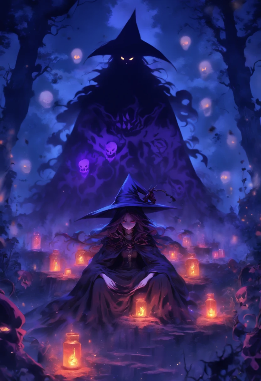 (best quality,4k,highres),(realistic:1.37),ultra-detailed,gloomy,horror,witch,insane,casting,purple skull based glowing spells,dark forest,moonlight,thick fog,bats flying,burning candles,spellbook,spider webs,broomstick,witch hat,long wavy hair,piercing eyes,pale face,creepy smile,demonic ritual,enchanted potions,mystical symbols,cackling laughter,haunted atmosphere,ominous shadows,hauntingly beautiful,otherworldly,macabre,spooky,gothic,nightmare-inducing,terrifying。