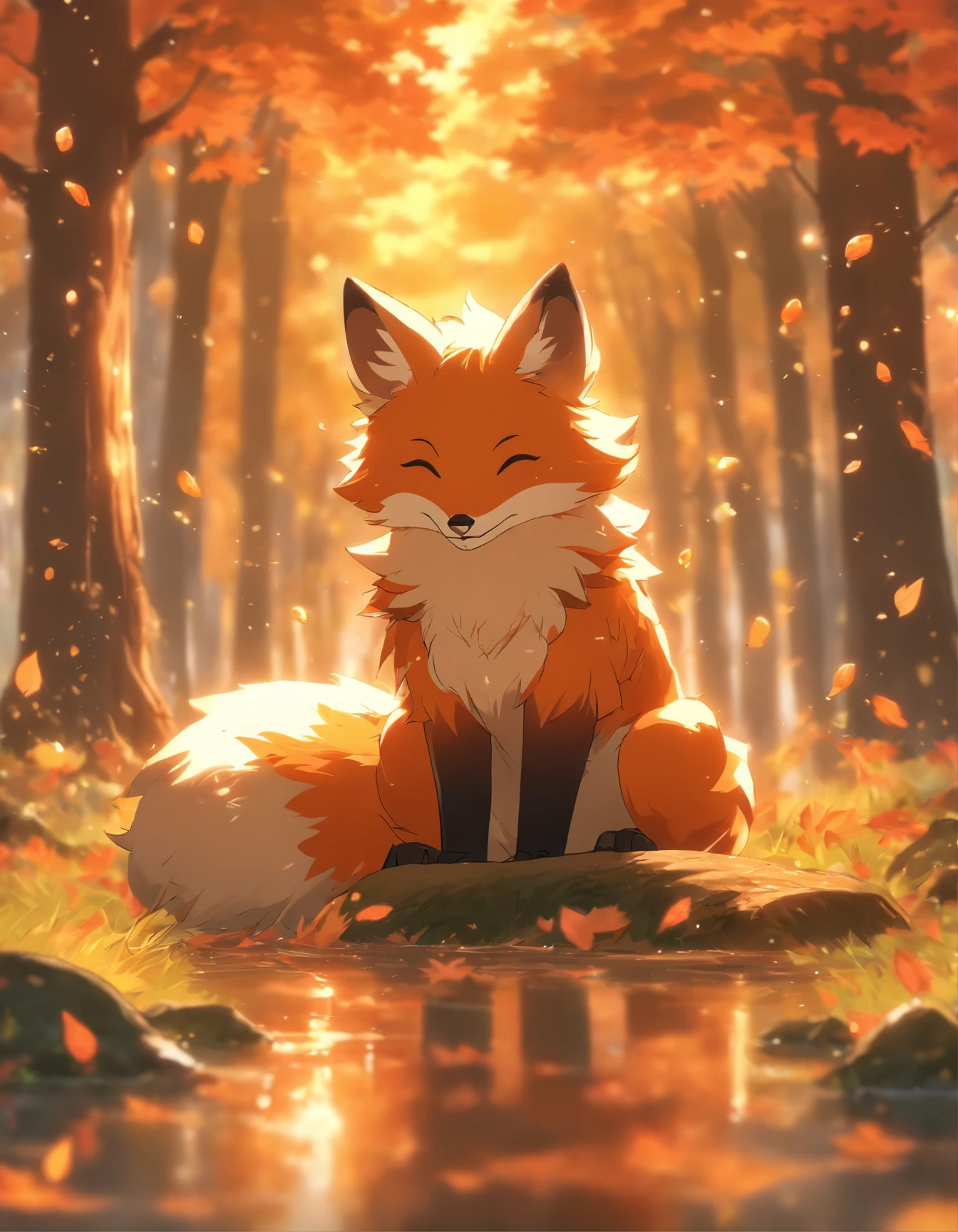 (best quality,4k,8k,highres,masterpiece:1.2),ultra-detailed, lots of mapple leaf falling,colorful autumn scene,lonely fox,cute fox,autumn forest,fox wearing cloak made of maple leaves,hiding fox,root of a tree,rainy day,serene atmosphere,maple trees,fall foliage,beautifully colored fox,dark green and orange leaves,peaceful environment,natural lighting,soft raindrops,leaves on the ground,gentle mist,flickering sunlight through the trees,majestic tree trunks,quiet solitude,magical atmosphere