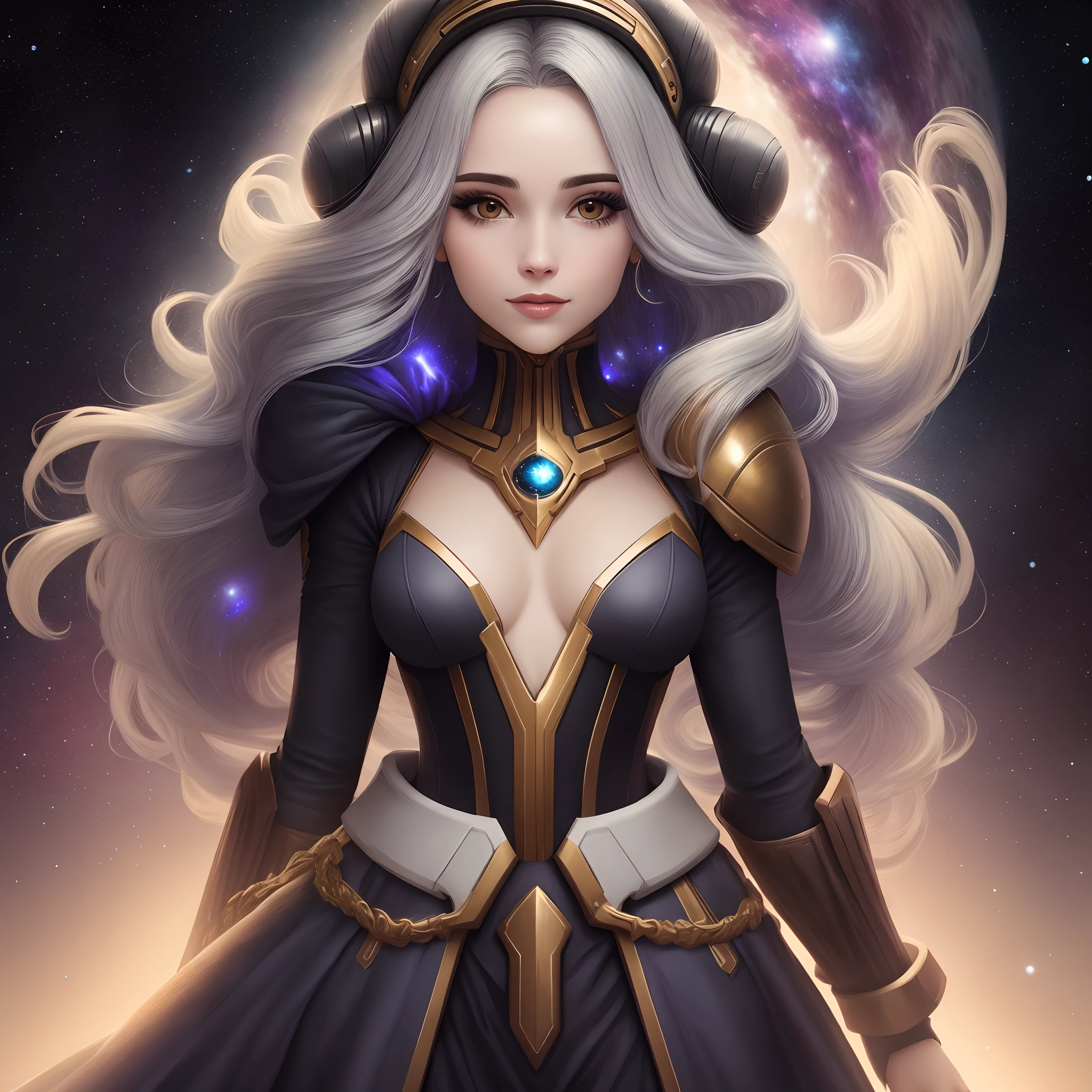 Personagem feminina cabelos pretos olhos amarelos roupa preta galaxia ouro