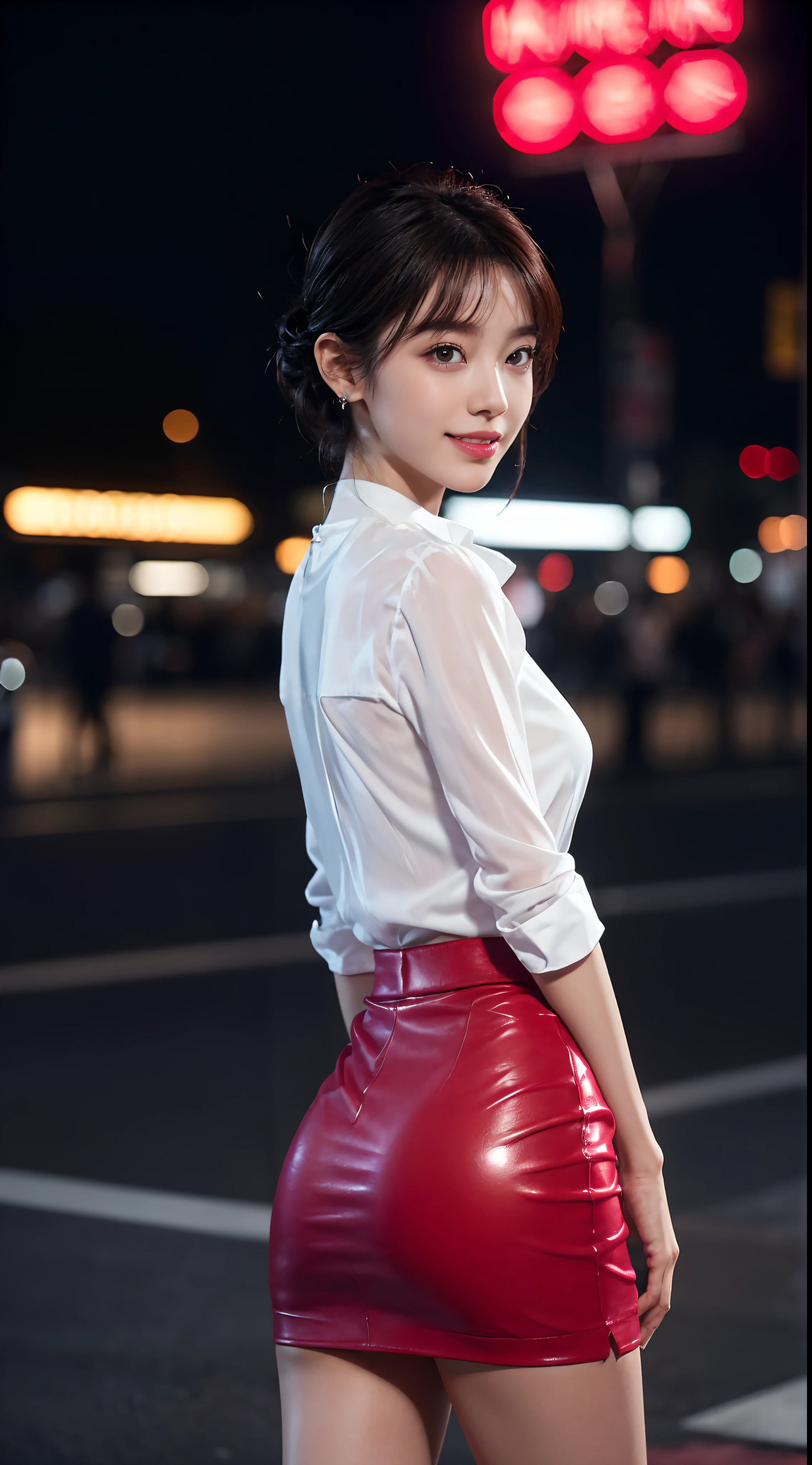 8k, masterpiece, RAW photo, best quality, photorealistic, extremely detailed CG unity 8k wallpaper, Depth of field, Cinematic Light, Lens Flare, Ray tracing, (extremely beautiful face, beautiful lips, beautiful eyes), intricate detail face, ((ultra detailed skin)) 1girl, in the dark, deep shadow, pretty korean girl, kpop idol,(very slim slender fit-muscled body:1.3), ((looking at viewer)),(big smile:1.3), (night, (neon sign), (blurry background), midnight, (without people in the background:1.3), pretty korean girl, white diamond earrings, bracelets, necklace, clear eyes, walking , front shot, (pale skin), face forward, (big eyes), full body shot, ((see through blouse)), (hot pink color blouse)), ((laced skirt)), (looking at viewer:1.3), very slim, medium breasts, Hermes bag, tight mini skirt, updo hair, short hair, medium butts