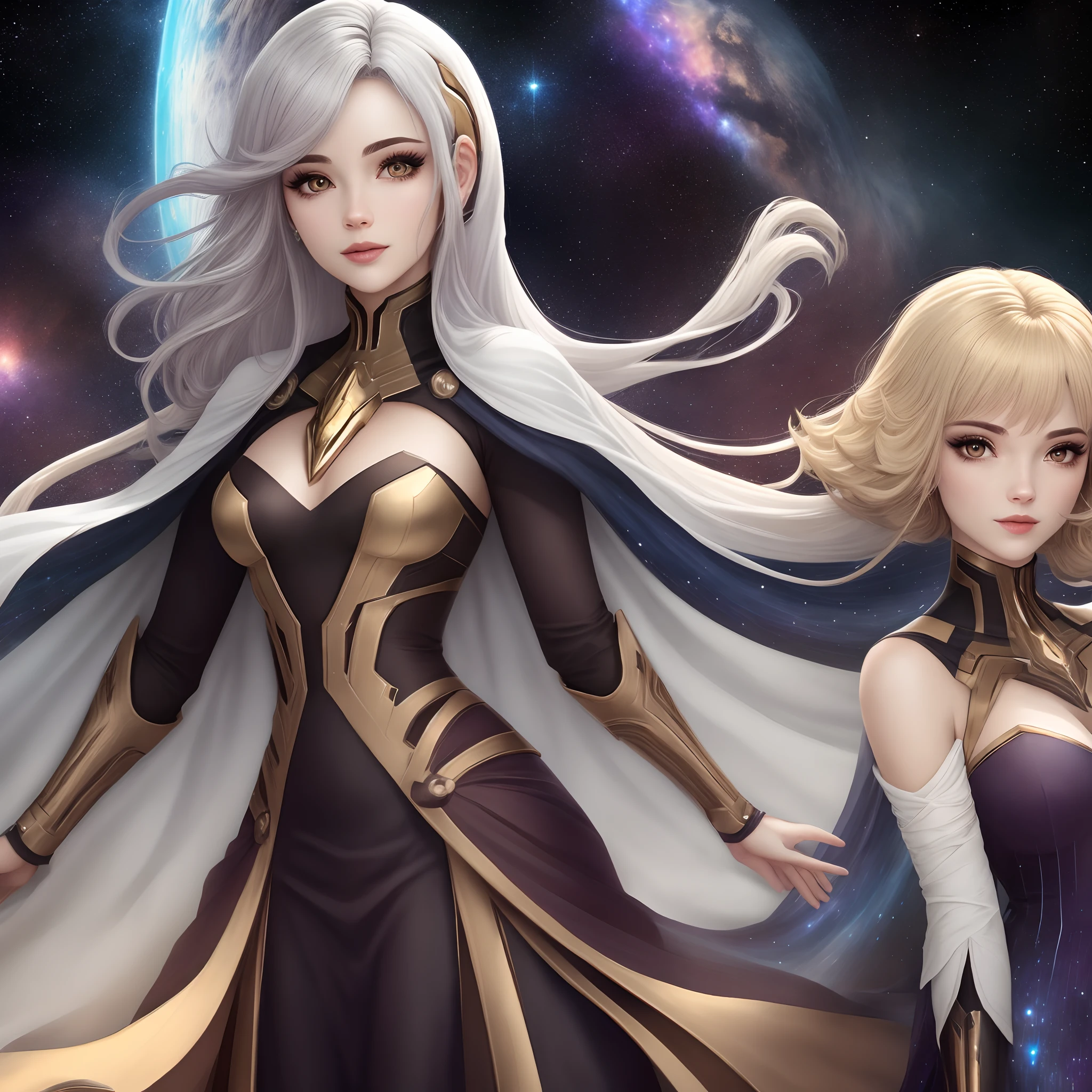 Personagem feminina cabelos pretos olhos amarelos roupa preta galaxia ouro