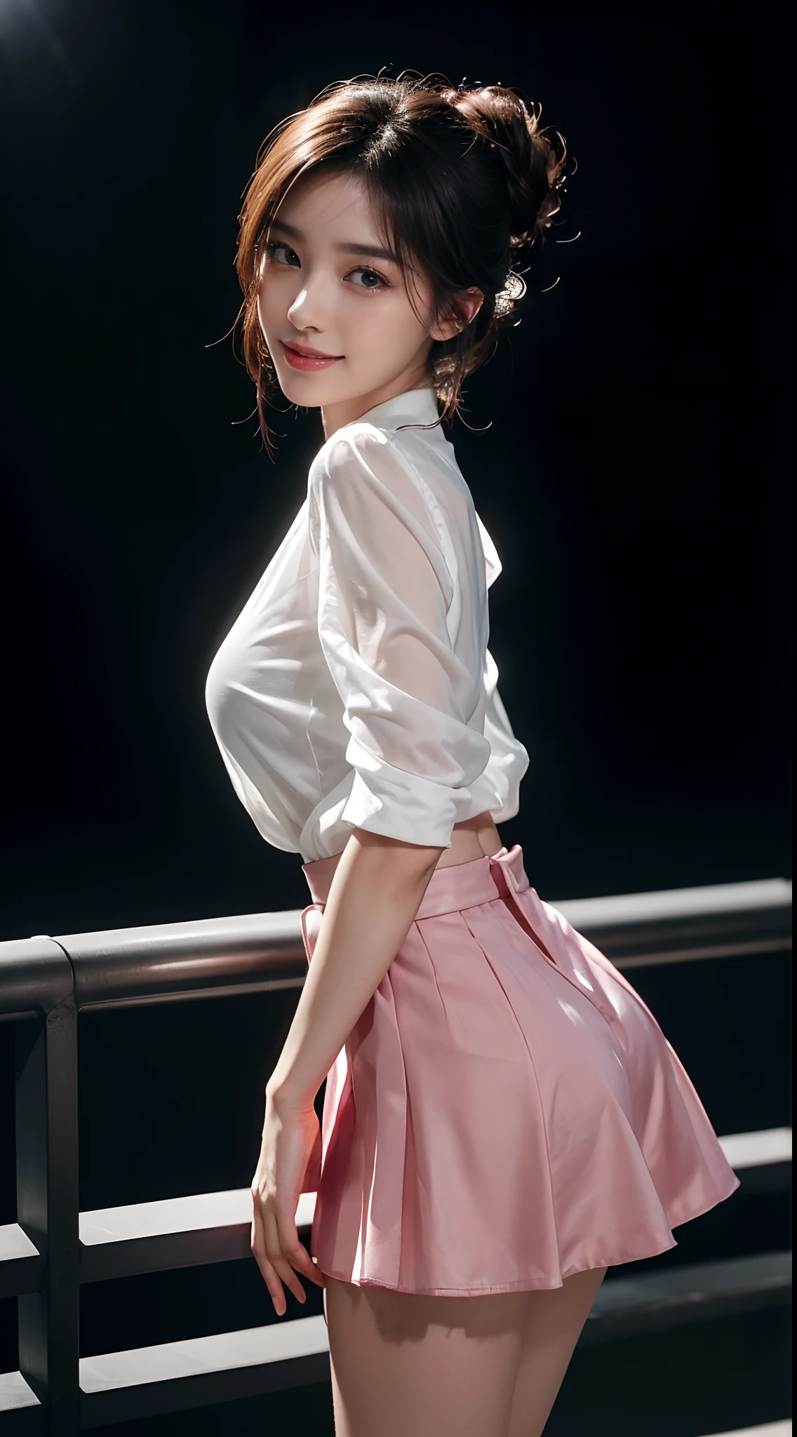 8k, masterpiece, RAW photo, best quality, photorealistic, extremely detailed CG unity 8k wallpaper, Depth of field, Cinematic Light, Lens Flare, Ray tracing, (extremely beautiful face, beautiful lips, beautiful eyes), intricate detail face, ((ultra detailed skin)) 1girl, in the dark, deep shadow, pretty korean girl, kpop idol,(very slim slender fit-muscled body:1.3), ((looking at viewer)),(big smile:1.3), (night, (neon sign), (blurry background), midnight, (without people in the background:1.3), pretty korean girl, white diamond earrings, bracelets, necklace, clear eyes, walking , front shot, (pale skin), face forward, (big eyes), full body shot, ((see through blouse)), (hot pink color blouse)), ((laced skirt)), (looking at viewer:1.3), very slim, medium breasts, Hermes bag, tight mini skirt, updo hair, short hair, medium butts