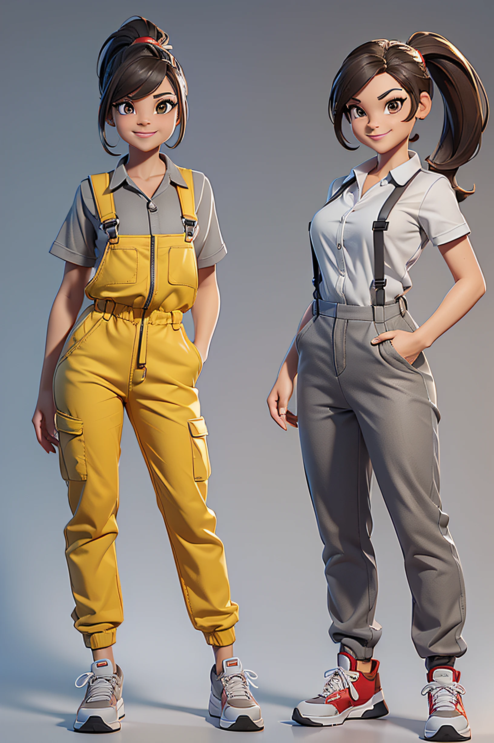 (3d character design sheet), same character, front, head, side, back), full body, female, 35 years old, yellow ponytail hair, in (jumpsuit with suspenders, (red: 1.1), hands in pockets, black shirt, red sneakers, brown eyes, smiling, doing various poses for a photo, Highly detailed character, (light gray gradient background: 1.1), ((master part, extremely high quality)).