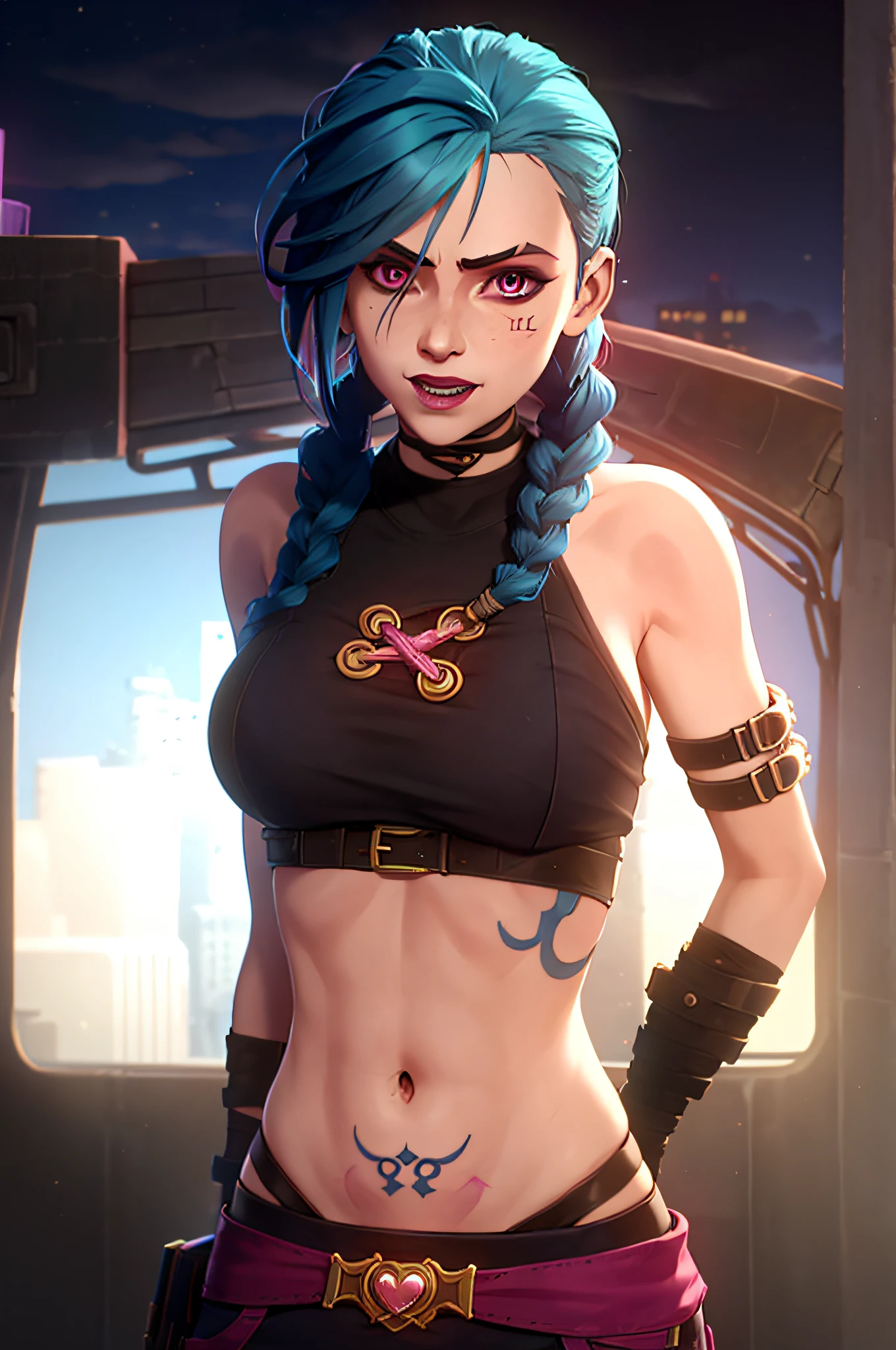arcane style,

1girl, arm tattoo, asymmetrical bangs, bangs, blue hair, braid, brown shirt, cloud tattoo, looking at viewer, laughing, crazy, uncontrollable laugh, mad look, night, city, green hair, long hair, midriff, pink eyes, red lips, shirt, solo, standing, tattoo, twin braids, upper body, arcane jinx, jinx \(league of legends\)