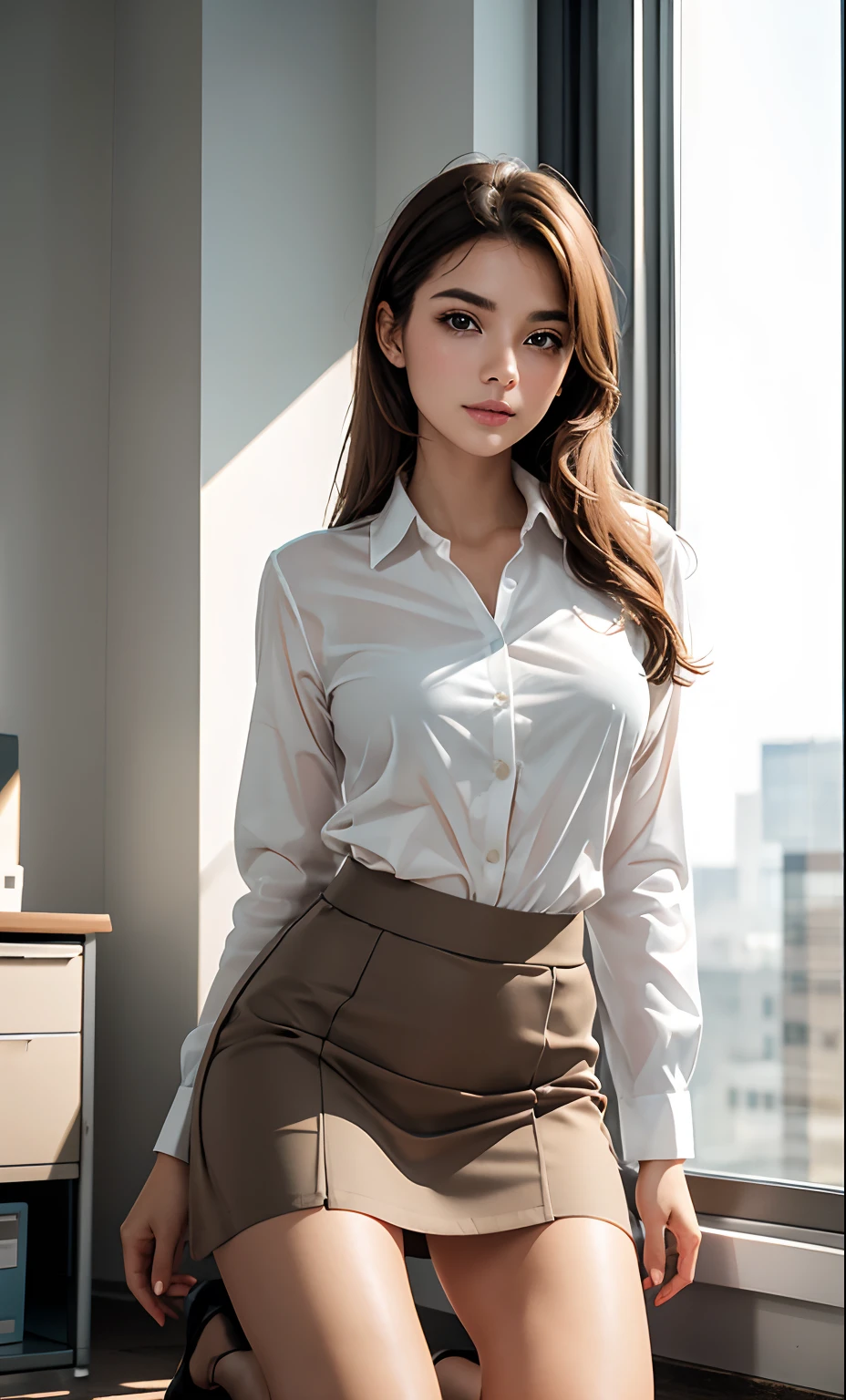 Highest quality, highest quality, masterpiece, solo, depth of field, delicate and moist skin girl, delicate and beautiful facial features, full-body lens, office work suit, suit skirt, very short skirt, perfect figure, random office equipment, exquisite CG, gorgeous highlight, crystal clear, sunlight through the window, beautiful, charming, shining, perfect, ultra-clear, 16k