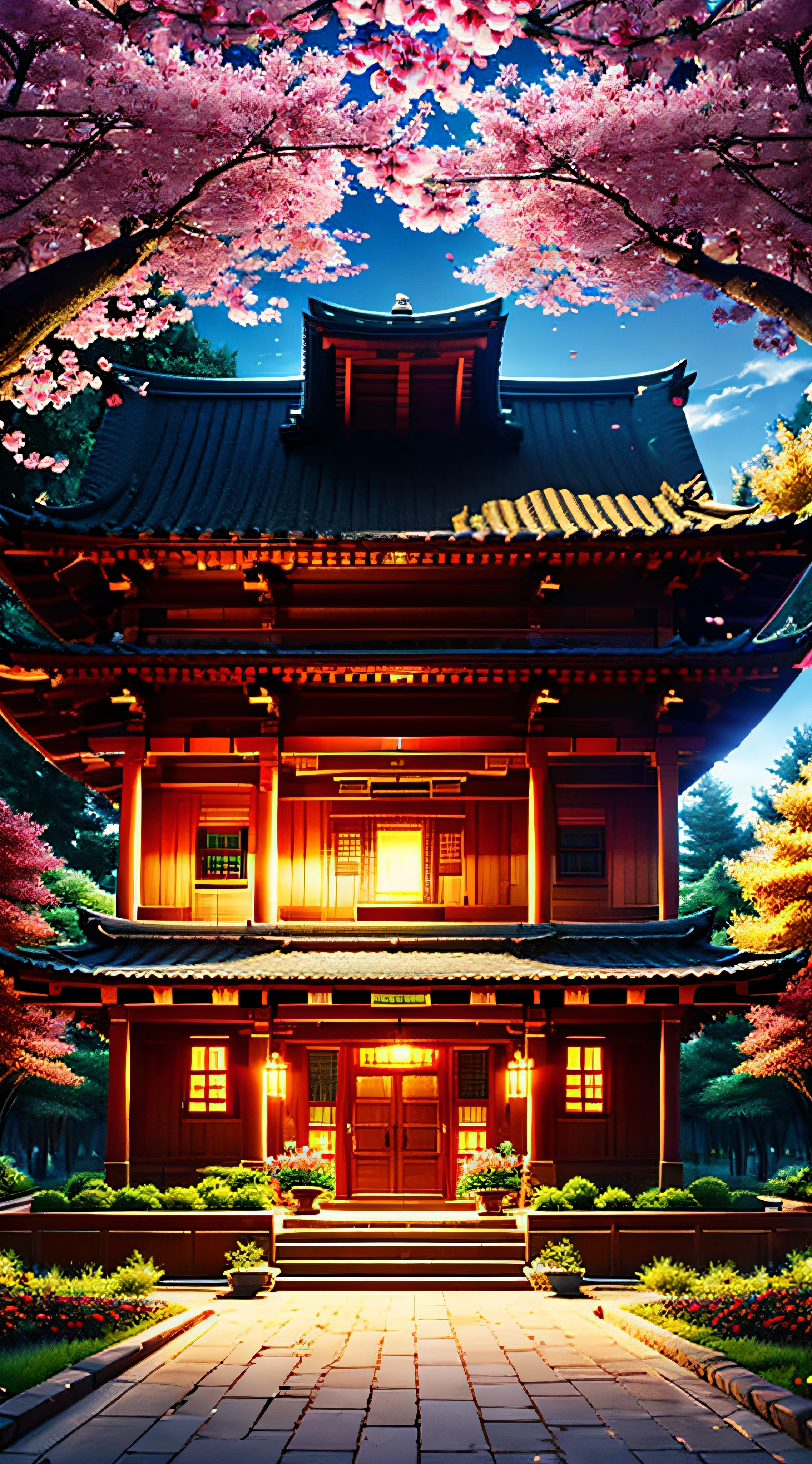 (absurderes、hight resolution、ultra-detailliert、realisitic、)、(masterpiece、top-quality:1.3)、(ultra-detailliert、Cinematographic lighting:1.2)、shrines、cherry trees、Cherry leaves、outside of house、dynamic ungle