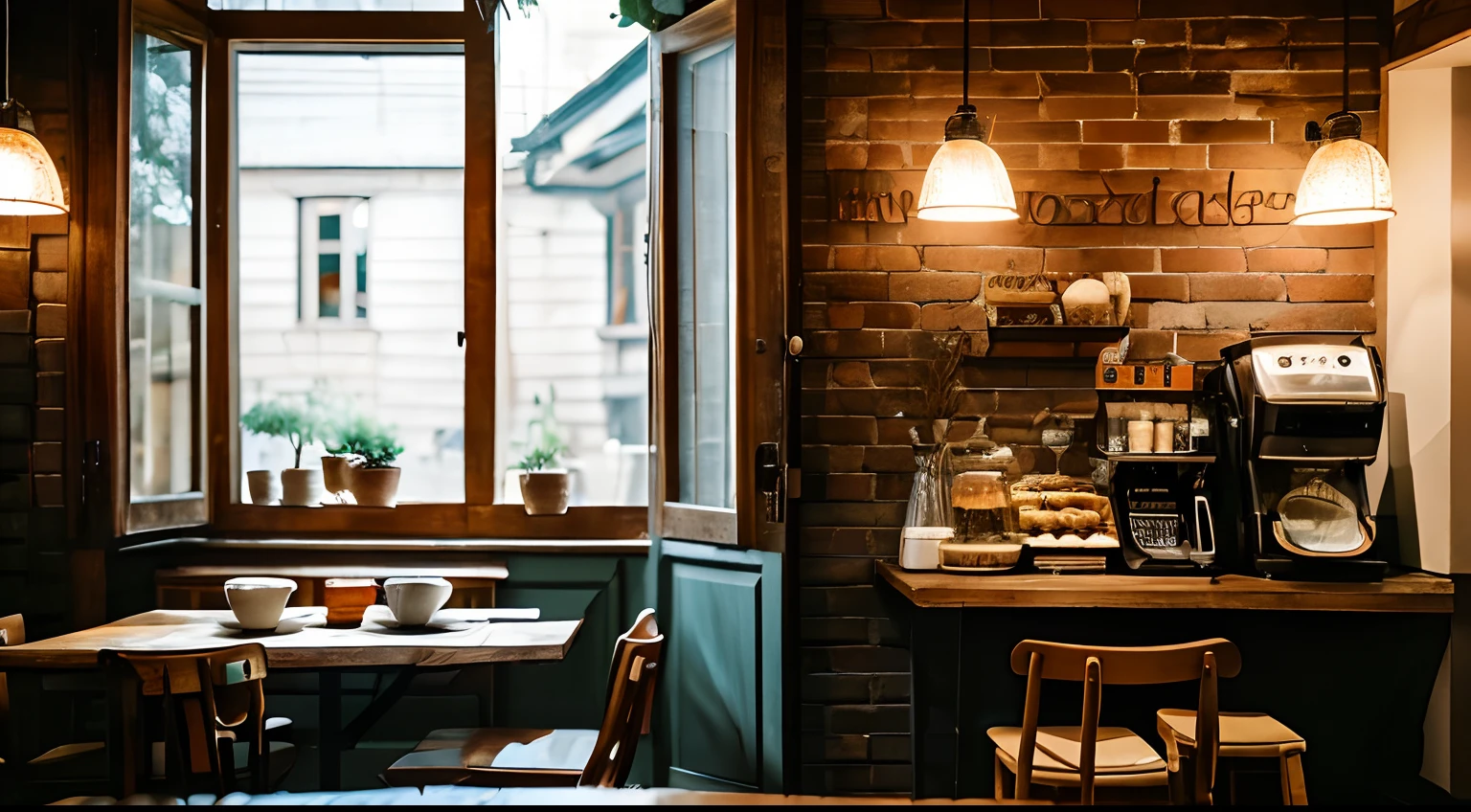 (Best Quality,4K,8K,hight resolution,masutepiece:1.2),Ultra-detailed,(Realistic,Photorealistic,Photorealsitic:1.37),cozy cafe,Autumn Rain Wallpaper,Wooden table and chairs,Soft lighting,Steam rising from a cup of coffee,a person々was huddled under an umbrella outside,Fallen leaves in the ground,Rustic brick wall,Barista busy at work,The aroma of freshly brewed coffee,Warm and friendly atmosphere,Laptop on the table,Natural color palette,Relaxing jazz music,Cappuccino Coffee Art,Vintage Coffee Machine,Windows overlooking the quaint street,Cozy seating corner,Bookcase full of books,Girl reading a book in the corner,Artistic paintings on the walls,The smell of fresh pastries,Seasonal decoration of pumpkin and leaves,Flickering candles on each table,taste