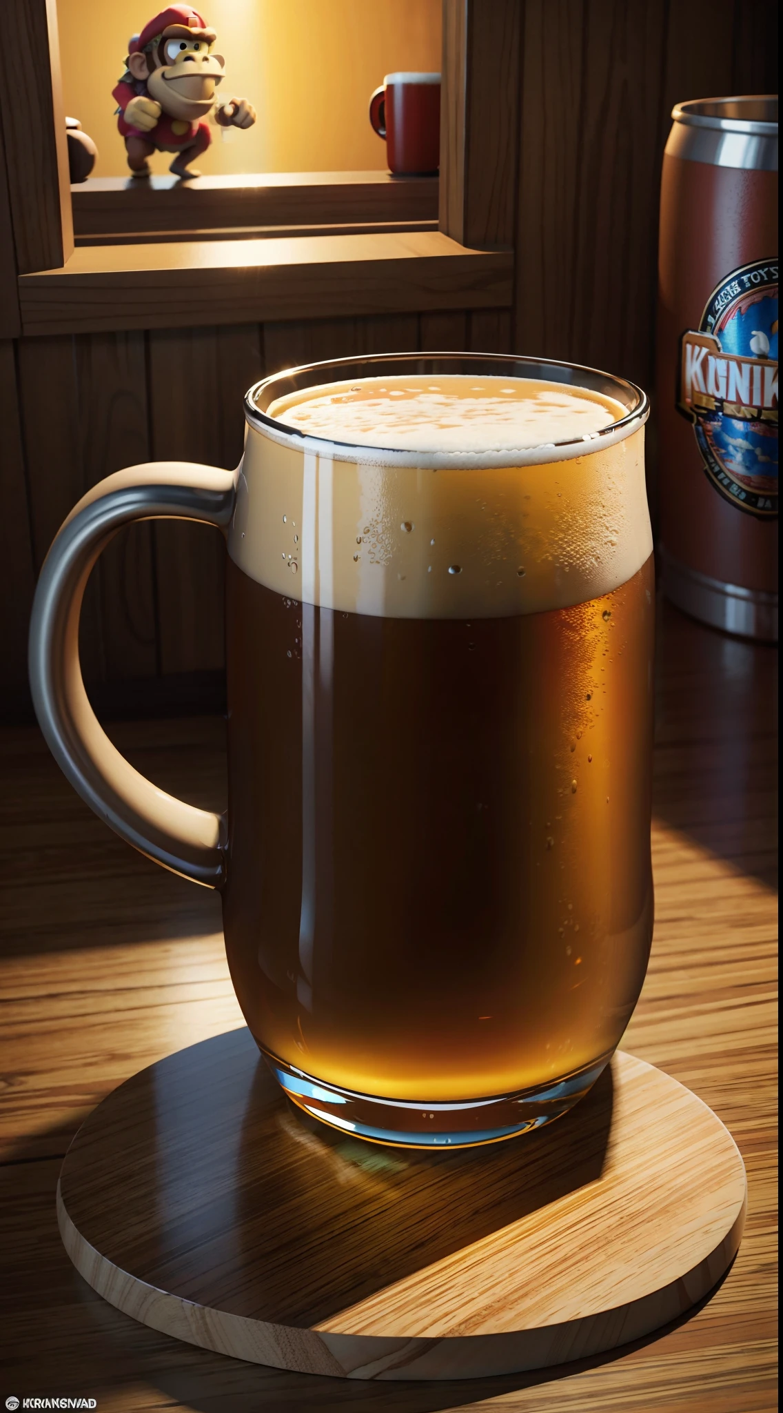 Donkey Kong drinking a mug of beer, identical to the cartoon, original style, original drawing, totally detailed, ultra high resolution, ultra high quality, 8K, ultra sharpness, ultra realistic, ultra detailed eyes, 3D, higly detailed, full body,