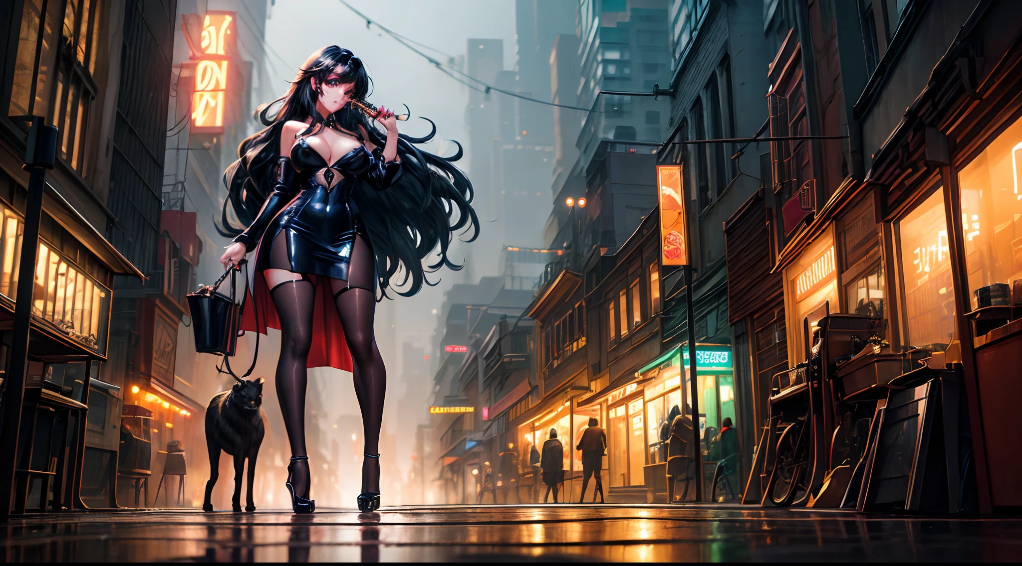 masterpiece, 8K, UHD, photo-realistic:1.4), (sultry nightlife:1.2), mysterious woman with large breast, (long, flowing ebony hair:1.3), (deep emerald eyes:1.2), red silk dress, stiletto heels, urban setting, cityscape, towering skyscrapers, (vibrant neon lights:1.3), reflections on wet pavement, enigmatic atmosphere, cool breeze, cobblestone streets, hidden alleyways, saxophone serenade, bustling street vendors, smoky haze, misty rain, gleaming storefronts, cinematic composition, dynamic angles