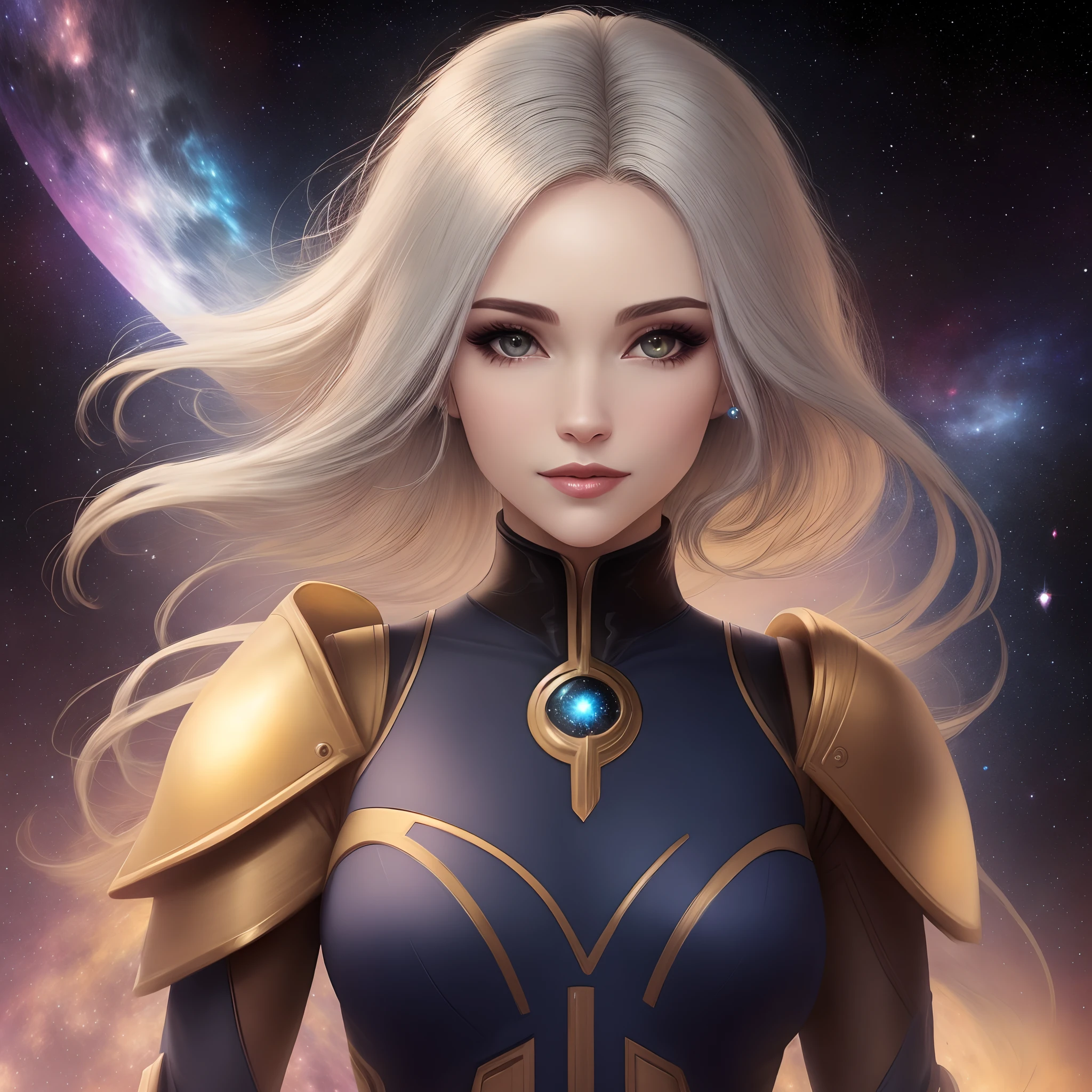 Personagem feminina cabelos pretos olhos amarelos roupa preta galaxia ouro