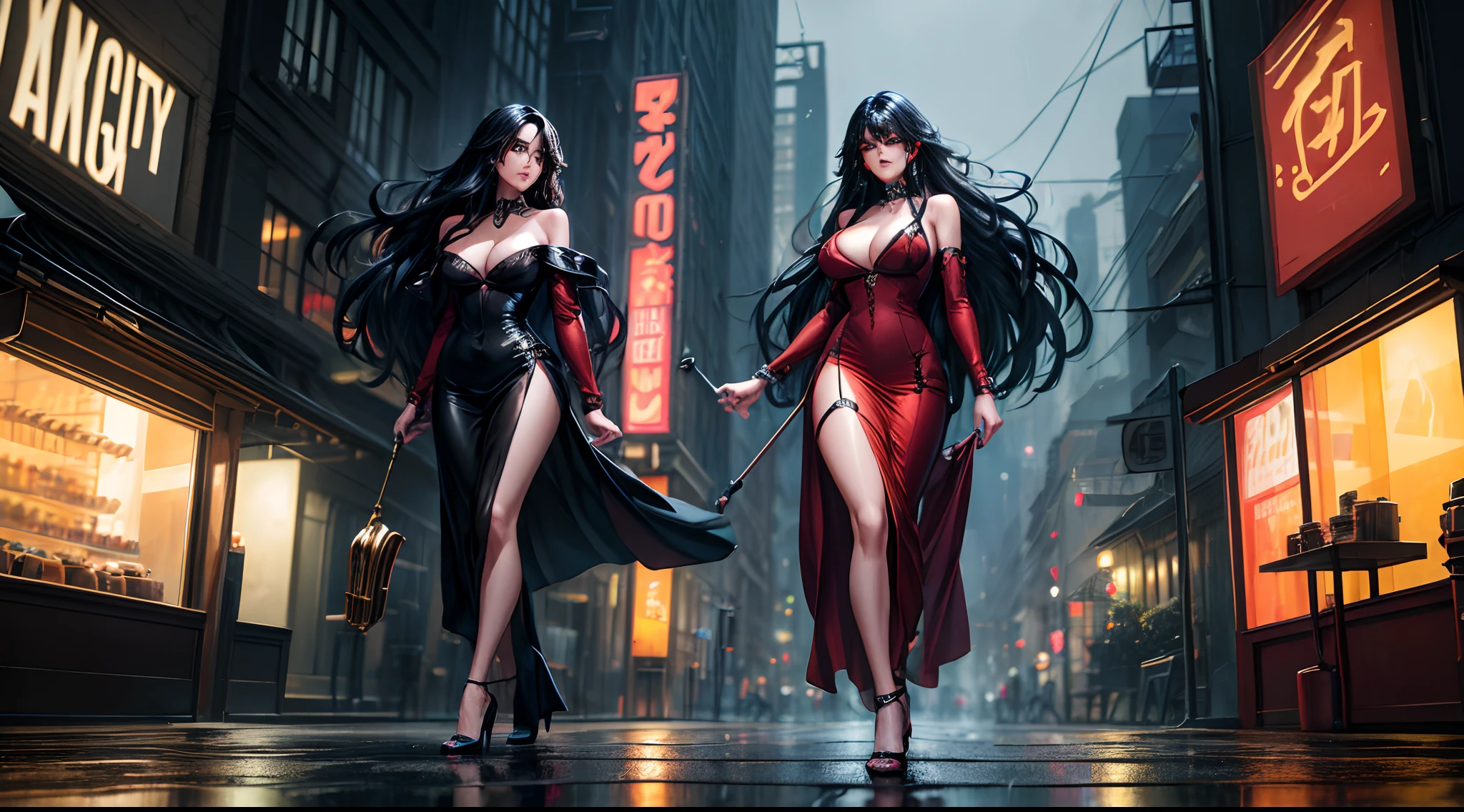 masterpiece, 8K, UHD, photo-realistic:1.4), (sultry nightlife:1.2), mysterious woman with large breast, (long, flowing ebony hair:1.3), (deep emerald eyes:1.2), red silk dress, stiletto heels, urban setting, cityscape, towering skyscrapers, (vibrant neon lights:1.3), reflections on wet pavement, enigmatic atmosphere, cool breeze, cobblestone streets, hidden alleyways, saxophone serenade, bustling street vendors, smoky haze, misty rain, gleaming storefronts, cinematic composition, dynamic angles