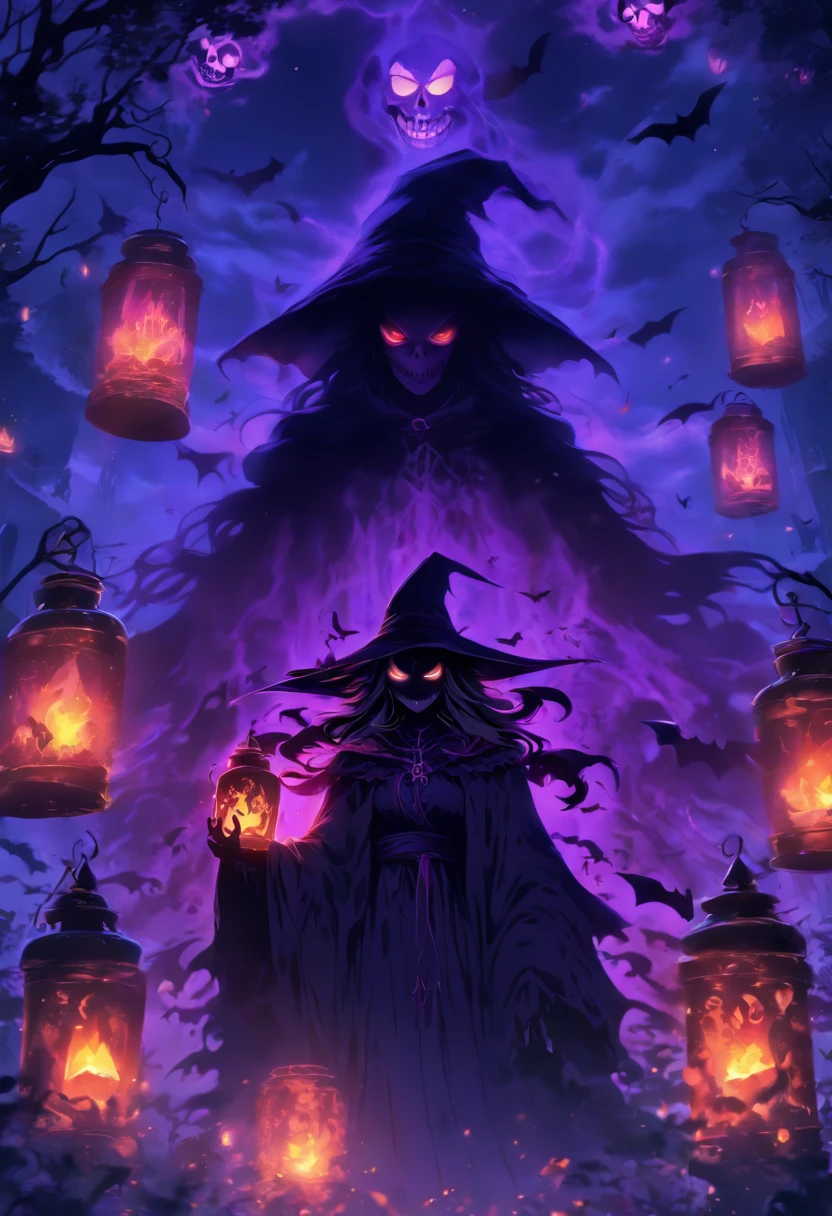 (best quality,4k,highres),(realistic:1.37),ultra-detailed,gloomy,horror,witch,insane,casting,purple skull based glowing spells,dark forest,moonlight,thick fog,bats flying,burning candles,spellbook,spider webs,broomstick,witch hat,long wavy hair,piercing eyes,pale face,creepy smile,demonic ritual,enchanted potions,mystical symbols,cackling laughter,haunted atmosphere,ominous shadows,hauntingly beautiful,otherworldly,macabre,spooky,gothic,nightmare-inducing,terrifying。