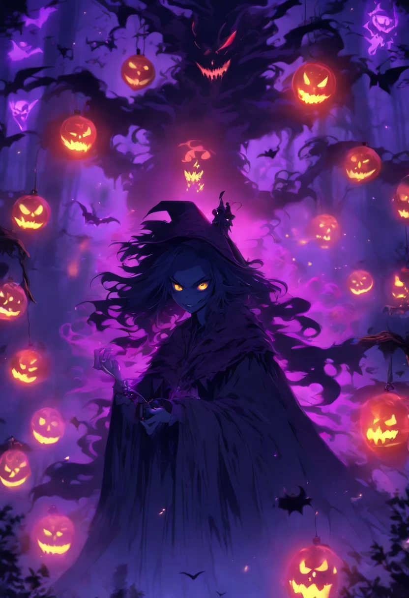 (best quality,4k,highres),(realistic:1.37),ultra-detailed,gloomy,horror,witch,insane,casting,purple skull based glowing spells,dark forest,moonlight,thick fog,bats flying,burning candles,spellbook,spider webs,broomstick,witch hat,long wavy hair,piercing eyes,pale face,creepy smile,demonic ritual,enchanted potions,mystical symbols,cackling laughter,haunted atmosphere,ominous shadows,hauntingly beautiful,otherworldly,macabre,spooky,gothic,nightmare-inducing,terrifying。