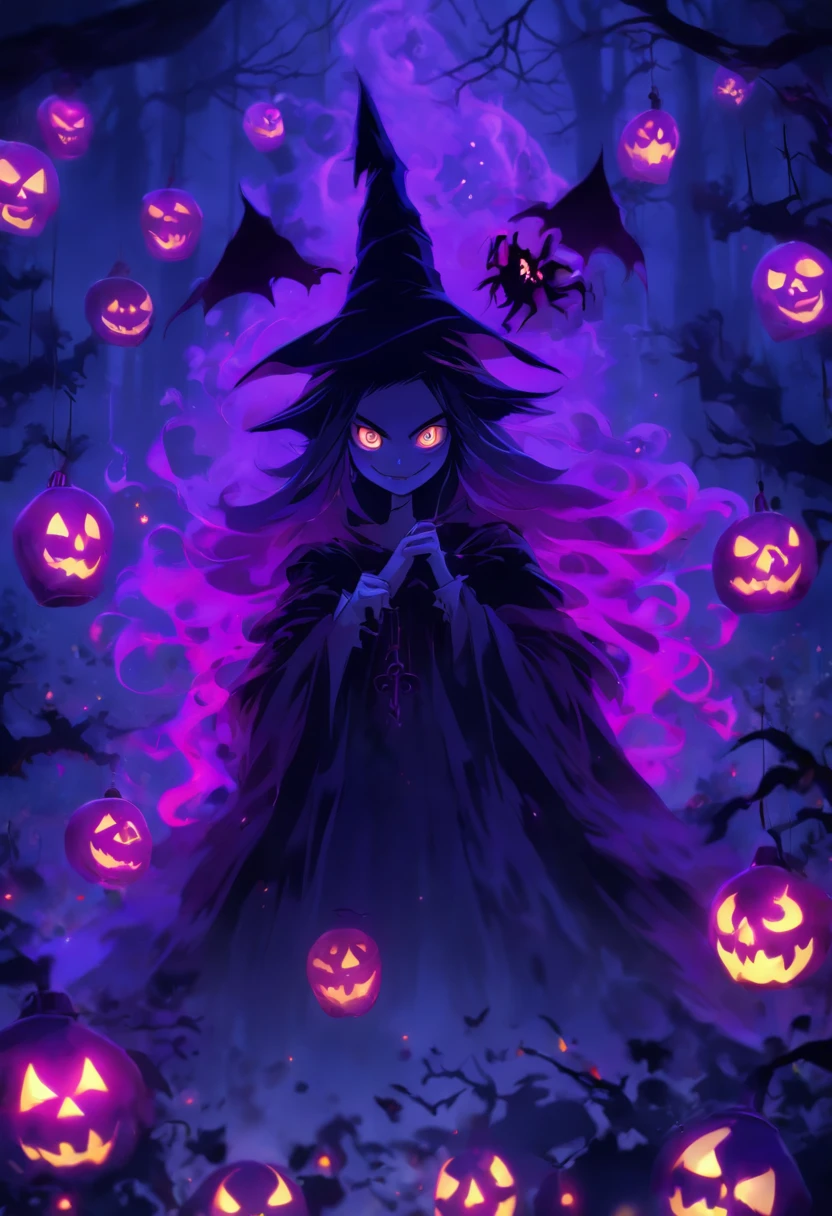 (best quality,4k,highres),(realistic:1.37),ultra-detailed,gloomy,horror,witch,insane,casting,purple skull based glowing spells,dark forest,moonlight,thick fog,bats flying,burning candles,spellbook,spider webs,broomstick,witch hat,long wavy hair,piercing eyes,pale face,creepy smile,demonic ritual,enchanted potions,mystical symbols,cackling laughter,haunted atmosphere,ominous shadows,hauntingly beautiful,otherworldly,macabre,spooky,gothic,nightmare-inducing,terrifying。