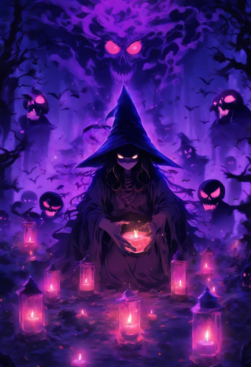 (best quality,4k,highres),(realistic:1.37),ultra-detailed,gloomy,horror,witch,insane,casting,purple skull based glowing spells,dark forest,moonlight,thick fog,bats flying,burning candles,spellbook,spider webs,broomstick,witch hat,long wavy hair,piercing eyes,pale face,creepy smile,demonic ritual,enchanted potions,mystical symbols,cackling laughter,haunted atmosphere,ominous shadows,hauntingly beautiful,otherworldly,macabre,spooky,gothic,nightmare-inducing,terrifying。