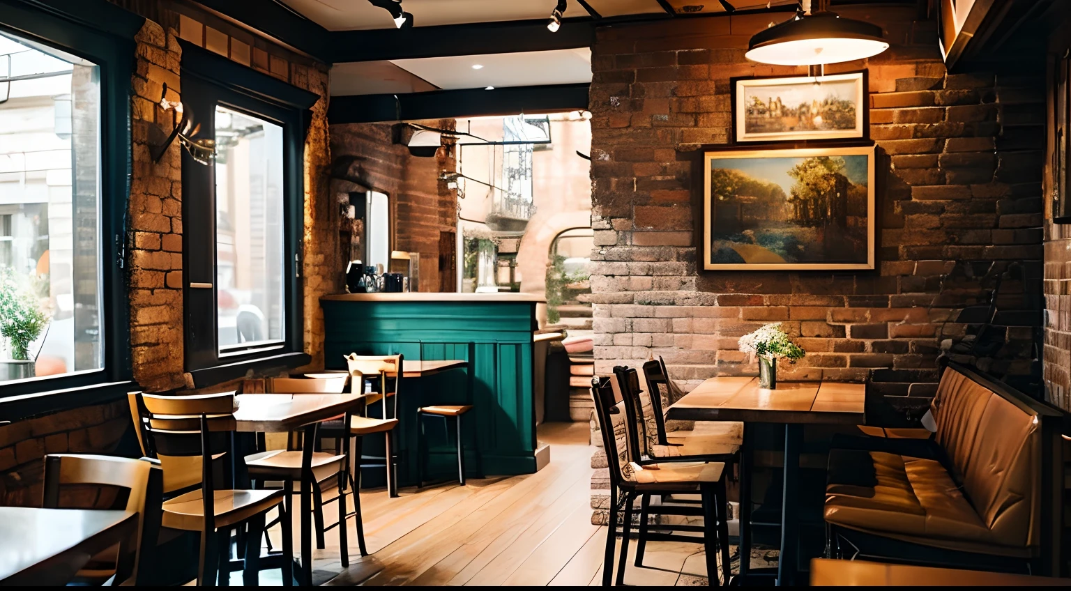 (Best Quality,4K,8K,hight resolution,masutepiece:1.2),Ultra-detailed,(Realistic,Photorealistic,Photorealsitic:1.37),cozy cafe,Autumn Rain Wallpaper,Wooden table and chairs,Soft lighting,Steam rising from a cup of coffee,a person々was huddled under an umbrella outside,Fallen leaves in the ground,Rustic brick wall,Barista busy at work,The aroma of freshly brewed coffee,Warm and friendly atmosphere,Laptop on the table,Natural color palette,Relaxing jazz music,Cappuccino Coffee Art,Vintage Coffee Machine,Windows overlooking the quaint street,Cozy seating corner,Bookcase full of books,Girl reading a book in the corner,Artistic paintings on the walls,The smell of fresh pastries,Seasonal decoration of pumpkin and leaves,Flickering candles on each table,taste