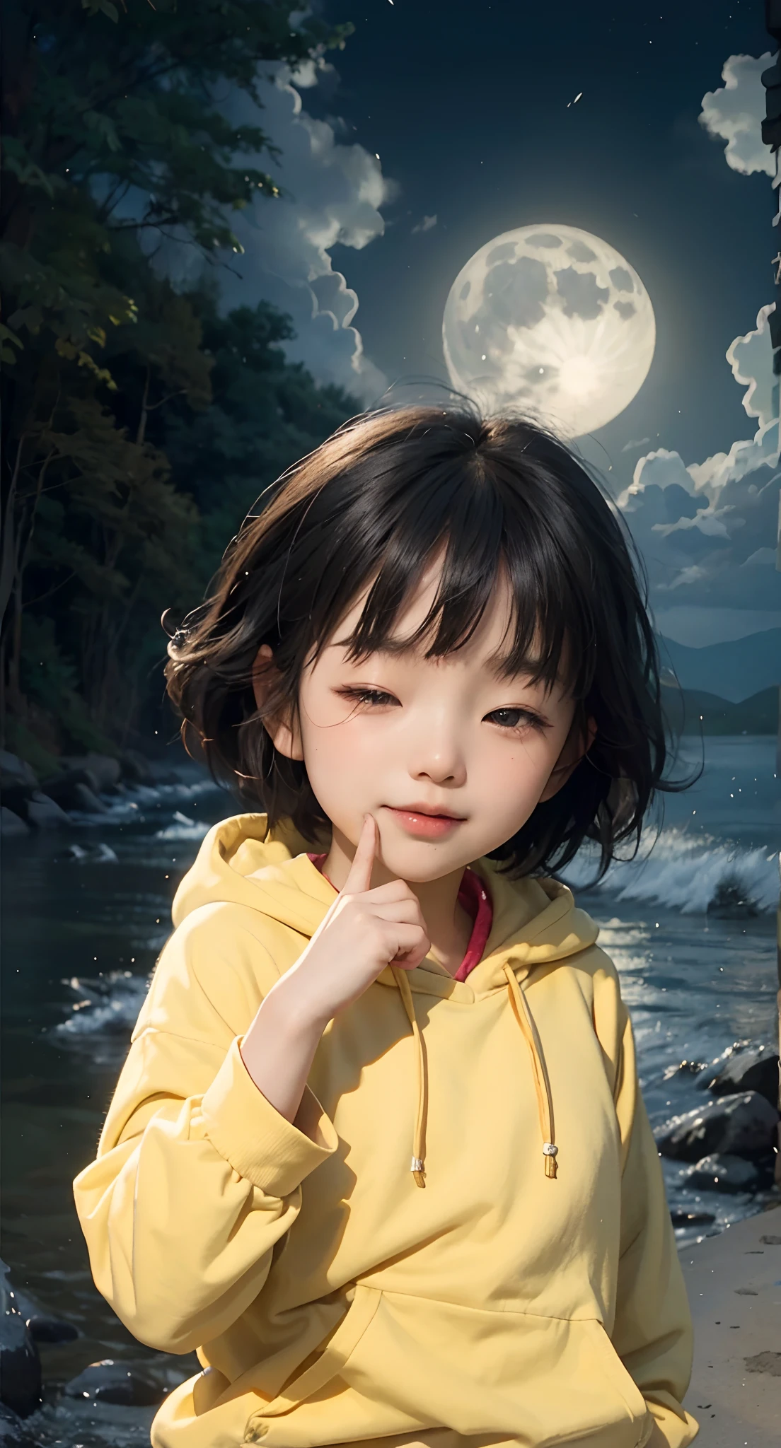 Real life adaption of this character, Beautiful face of Korean child,me exactly expression The mouth is open and one eye is closed),looking to viewer,realistic same hair with Bangs and The back hair is spiky hair , (realistic same tight outfit ),realistic nature scenery with Moonlight view background, hyper realistic, realistic light, realistic shadow, realism,(photorealistic:1.2)
