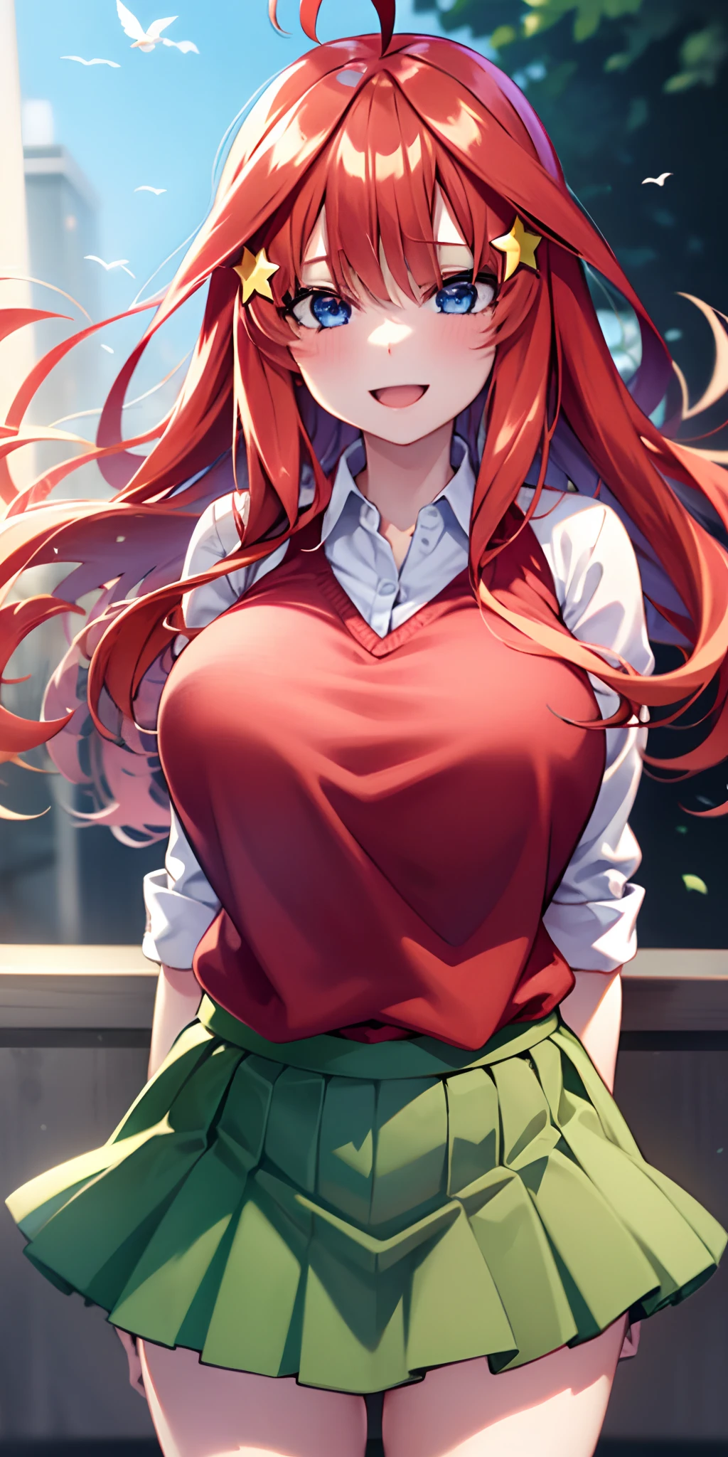 2D, masutepiece, Best Quality, Anime, Highly detailed, 1girl in, Solo, Cowboy Shot, Itsuki Nakano, Red hair, Long hair, Star hair ornament, Ahoge, Red Sweater, Collared shirt, Green skirt, very short miniskirt, gigantic breasts, Standing, School, Outdoors, happy smile, skirt lift by yourself,pigeon-toed, showing panties, floating hair, wind,