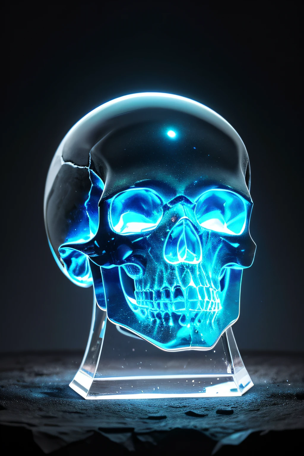 Close-up of the skull, fantasy skull，There is a silvery-glow skull, Crystal skull, Glass skull, 'a human head made of glass, Glowing quartz crystal skull, brain from crystals, realistic glass sculpture, In a hologram of alien artifacts, the fifth element artifacts, tim white art. 64 megapixels, Blade Runner artifact, author：Vladimir Tatlin, ashes crystal, hyperrealistic ”