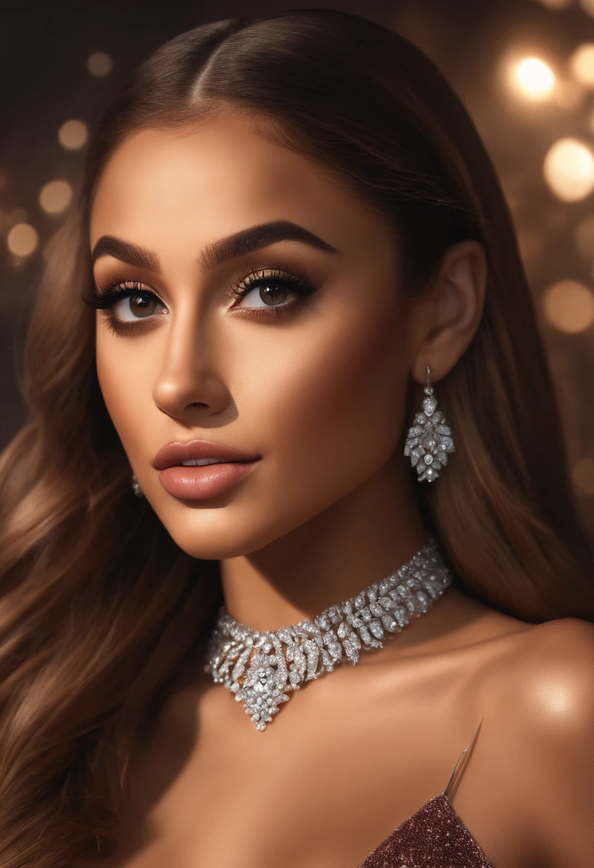 (best quality,4k,8k,highres,masterpiece:1.2),ultra-detailed,(realistic,photorealistic,photo-realistic:1.37),portrait,ariana grande,beautiful detailed eyes,beautiful detailed lips,longeyelashes,girl with long brunette hair,sultry expression,shimmering spotlight,microphone in hand,stunning stage costume,sparkling diamond necklace,large crowd cheering in background,vibrant colors,soft, dreamy lighting