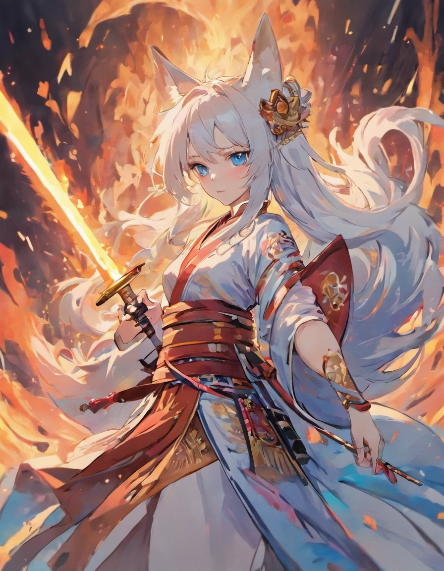 High quality, masterpiece, ultra-detailed, white kitsune samurai, long hair, enchanting blue eyes, holding one sword, katana, japanese style armor, fiery background