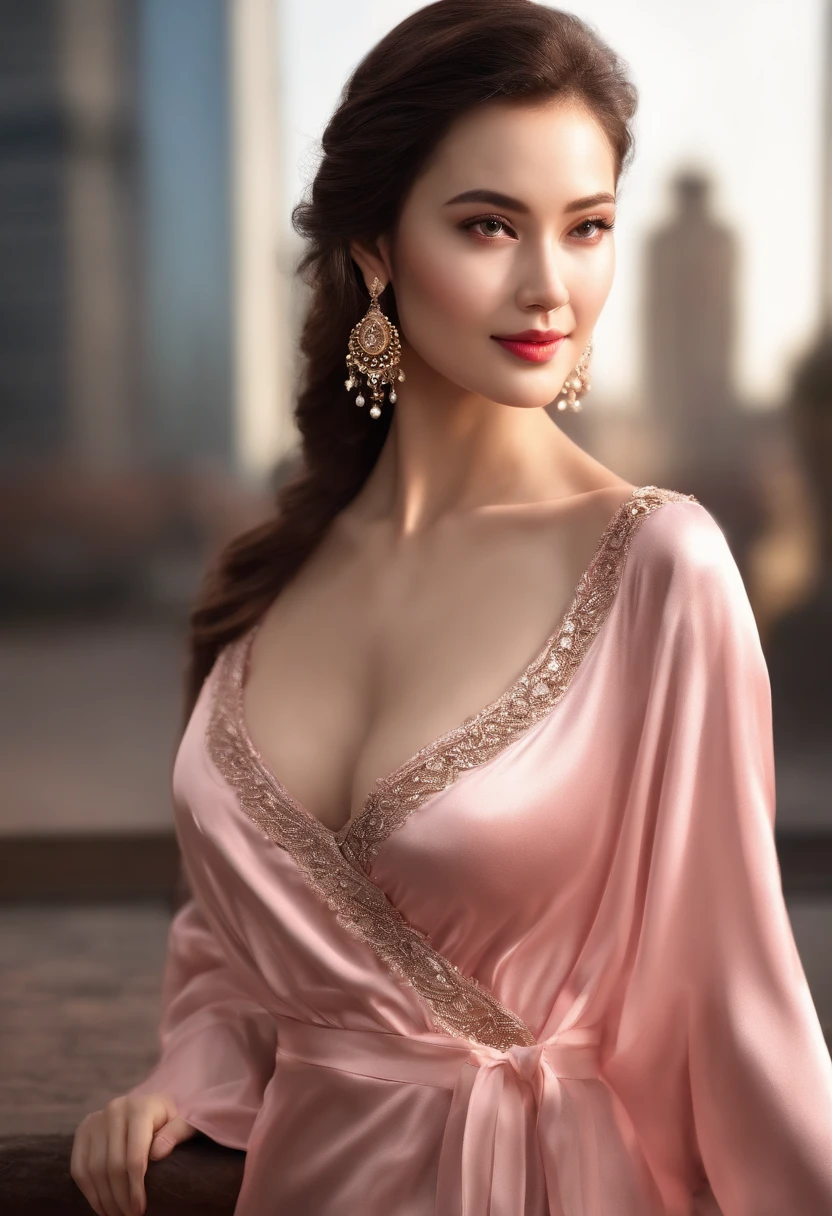 8K, Masterpiece, RAW photo, Best quality, Photorealistic, Extremely detailed Cg Unity 8K wallpaper, Depth of field, Cinematic light, Lens flare, Ray tracing, (Extremely beautiful face, Beautiful lips, Beautiful eyes), intricate detail face, ((ultra detailed skin)) 1girll, In the dark, deepshadow, pretty asian girl, heartthrob,(Very slim and slender muscular body:1.3), ((view the viewer)),(Big smile:1.3), (Cityscape, The background is blurred out), (Dim lights, the roof, terrazzo), Pretty girl, Earrings, bangle, necklace, Clear eyes, Walking , front footage, (Pale skin), Face forward, (Big eyes), ((Full body shot)), ((Black silk ties)), ((Transparent red dressing gown:1.3)), (brown hairs) (view the viewer:1.3), (Lace-up ), open breast,m breasts, Shine through, Pink dressing gown :1.3), terrazzo
