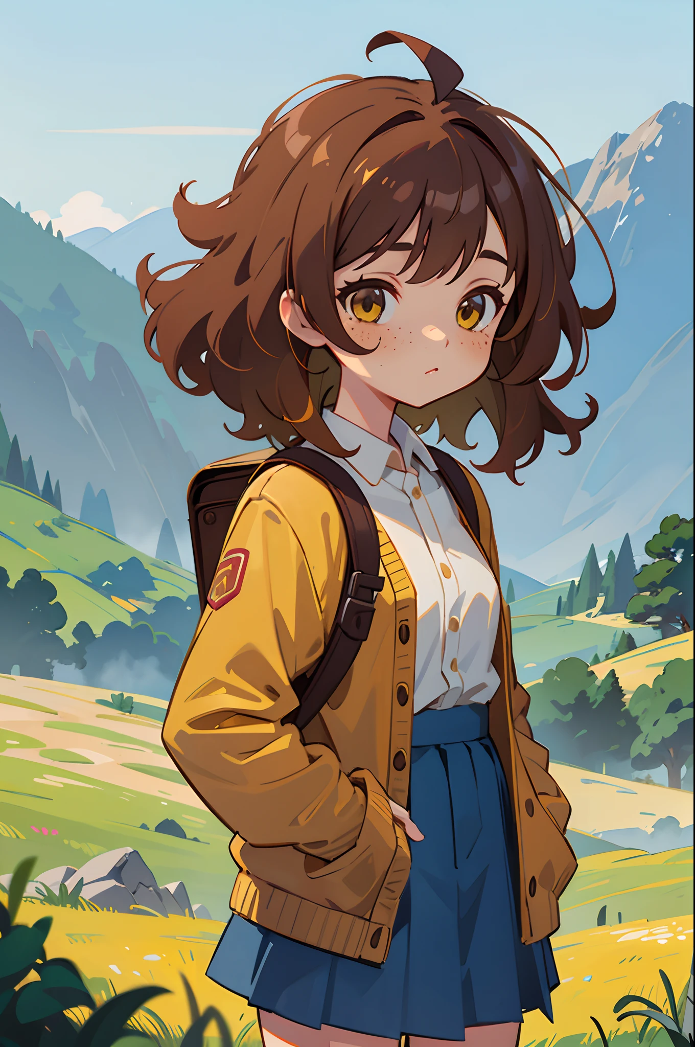 1girl, solo, character illustration, (chocolate colored skin:0.5), (brown hair, dark yellow hair, gradient hair:1.2), curly hair, messy hair, freckles, amber eyes, small breasts, red stripless shirt, gray cardigan, mini backpack, suit skirt, dark blue skirt, outdoors, mountain scenery, city behind, fields, dawn, beautfiful red skirt, masterpiece, illustration, trending on Artstation, colorful, very colorful