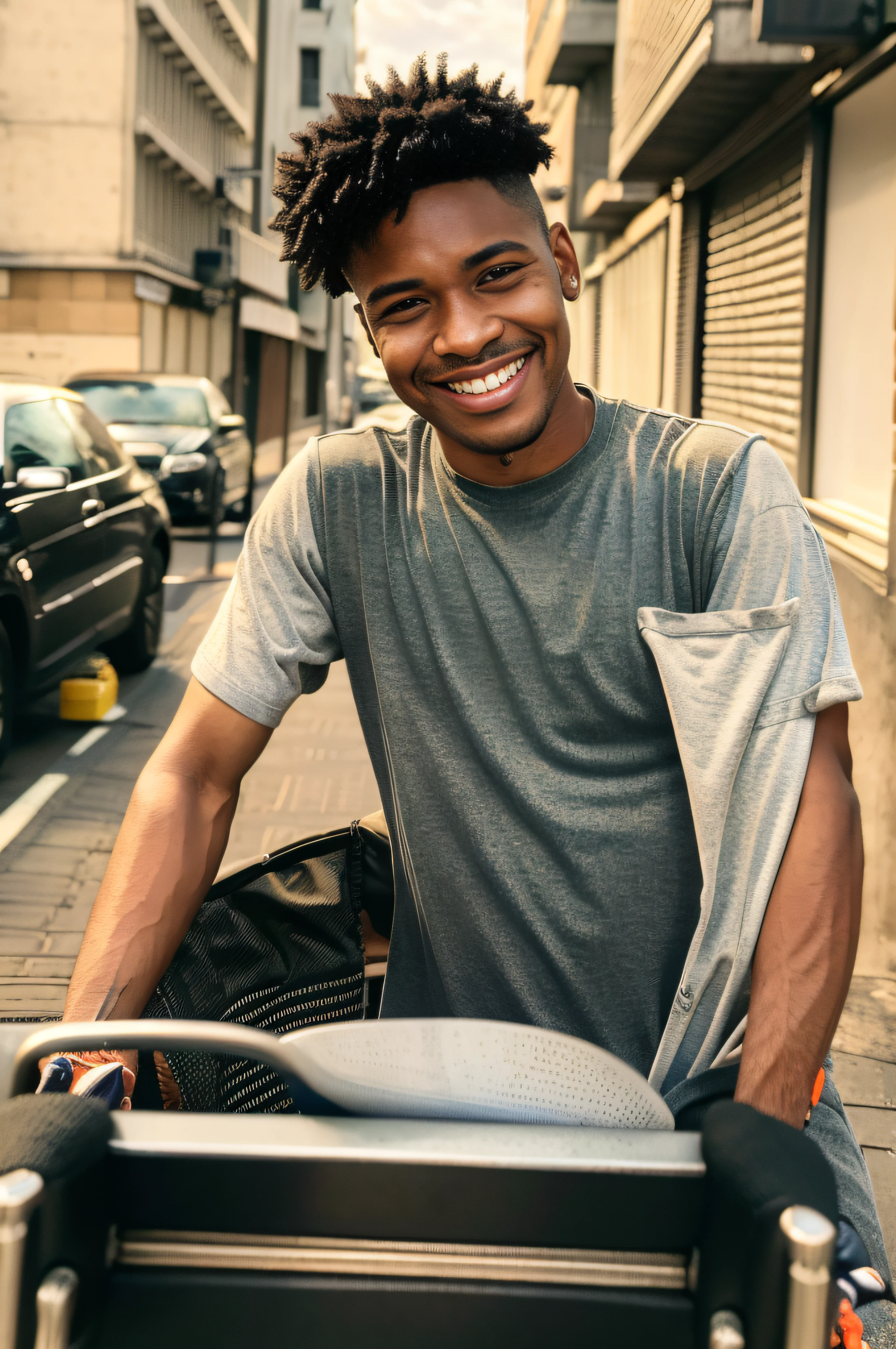 A portrait photo of a smiling road worker in modern city, young_man, light_skin, smile, masterpiece photo, with highly detailed face, sharp focus, intricate details, highly detailed. Shot from a dutch angle.