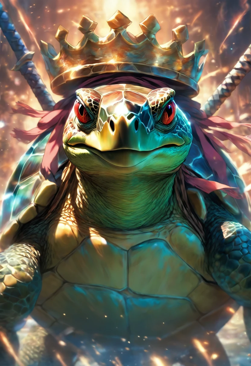 Action turtle wearing a crown and weilding swords