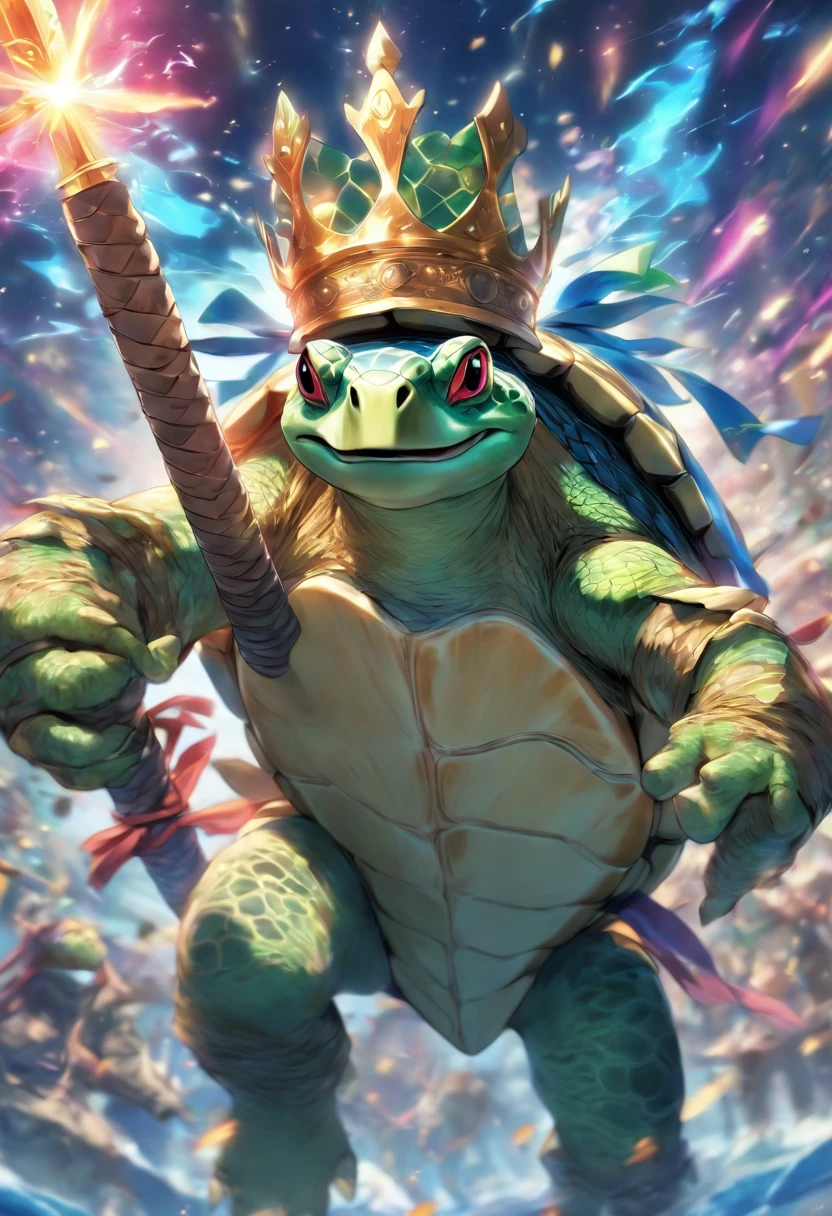 Action turtle wearing a crown and weilding swords