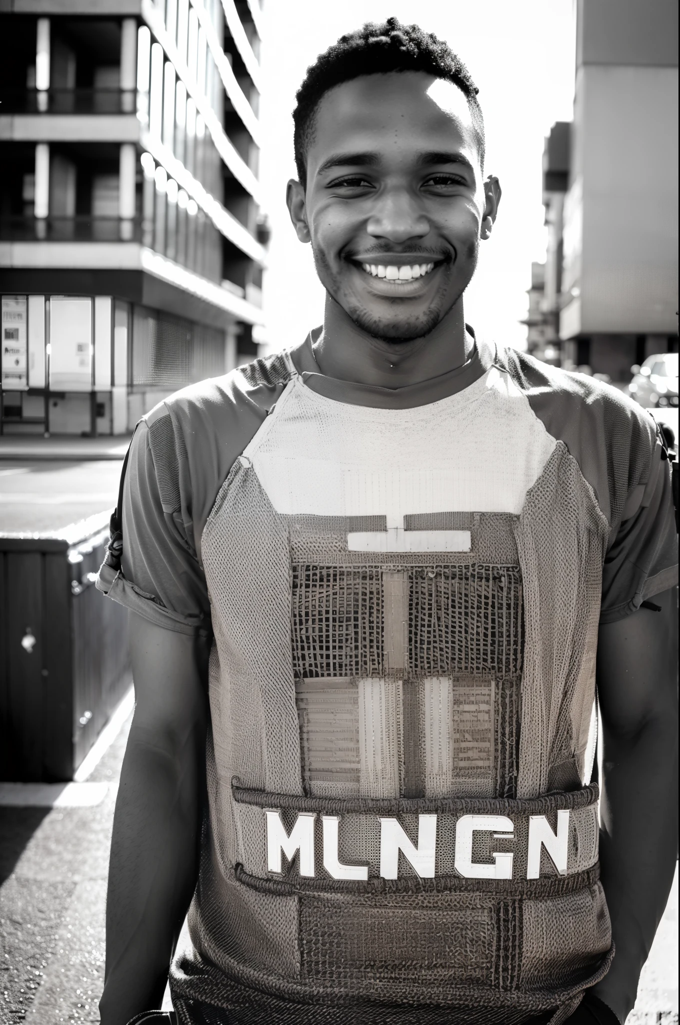 A portrait photo of a smiling road worker in modern city, young_man, light_skin, smile, masterpiece photo, with highly detailed face, sharp focus, intricate details, highly detailed. Shot from a dutch angle.