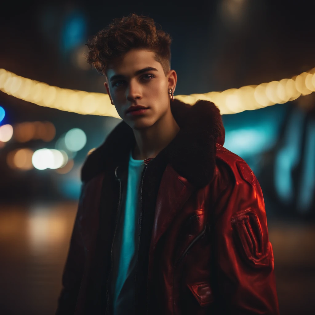 (highres,masterpiece:1.2),ultra-detailed,(realistic,photorealistic,photo-realistic:1.37),cyber punk, handsome boy, detailed eyes, detailed lips, futuristic background, street art, neon lights, vibrant colors, stylish clothing, confident expression, edgy atmosphere
