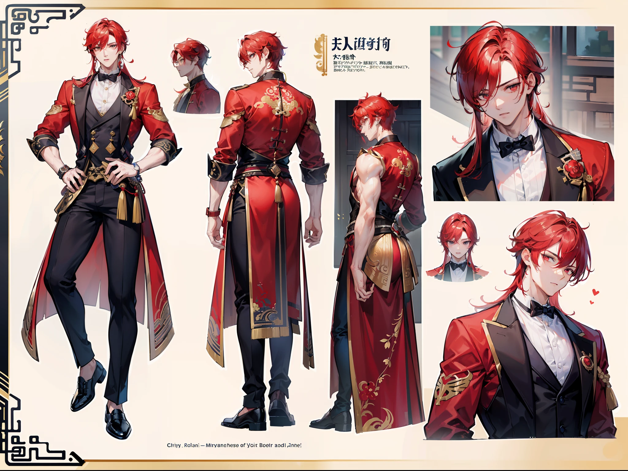 ((Masterpiece, Highest quality)), Male, boy, Detailed face, character design sheet， full bodyesbian, Full of details, frontal body view, back body view, Highly detailed, Depth, Many parts, Muscle boy with red hair，handsome man, Traditional chinese clothes, Genshin Impact, man tall