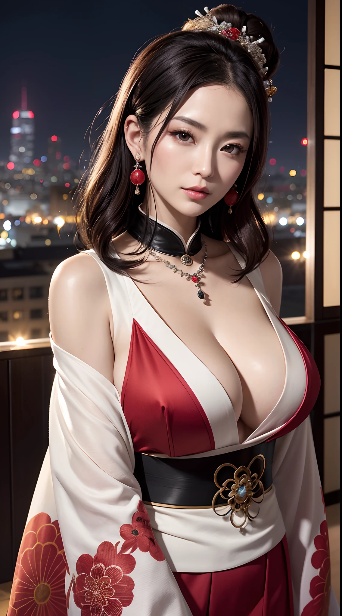 (hyper realstic)、Modern Oiran、(Female Ninja of the 21st Century)、Beautie high-level image quality hight resolution (Realistic) Shorthair、Woman with dark hair、A MILF、Middle-aged woman、Big big、Detailed red-black 、detailed skin textures、超A high resolution、Realistic、Voluptuous body shape、angry looking face、Middle-aged beauty、Beautiful expression、With detailed red-black areola 、detailed brown eyes、long fluffy hair、Kamimei、Very delicate and detailed skin texture、35 years old、{There is a helipad at night((Being on the roof of a skyscraper))}、Modern Oiran、Large cleavage、Large open neckline、bright red lips、Wearing gorgeous clothes, Luxurious and luxurious kimono、ear ornament、Silver collar and necklace、gorgeous hair decoration、
