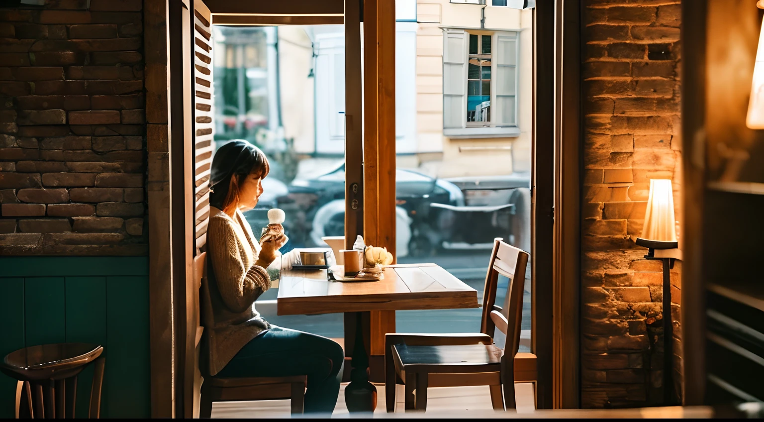 (Best Quality,4K,8K,hight resolution,masutepiece:1.2),Ultra-detailed,(Realistic,Photorealistic,Photorealsitic:1.37),cozy cafe,Autumn Rain Wallpaper,Wooden table and chairs,Soft lighting,Steam rising from a cup of coffee,a person々I was huddled under an umbrella outside,Fallen leaves in the ground,Rustic brick wall,Barista busy at work,The aroma of freshly brewed coffee,Warm and friendly atmosphere,Laptop on the table,Natural color palette,Relaxing jazz music,Cappuccino Coffee Art,Vintage Coffee Machine,Windows overlooking the quaint street,Cozy seating corner,Bookcase full of books,Girl reading a book in the corner,Artistic painting on the wall,The smell of fresh pastries,Seasonal decoration of pumpkin and leaves,Flickering candles on each table,taste