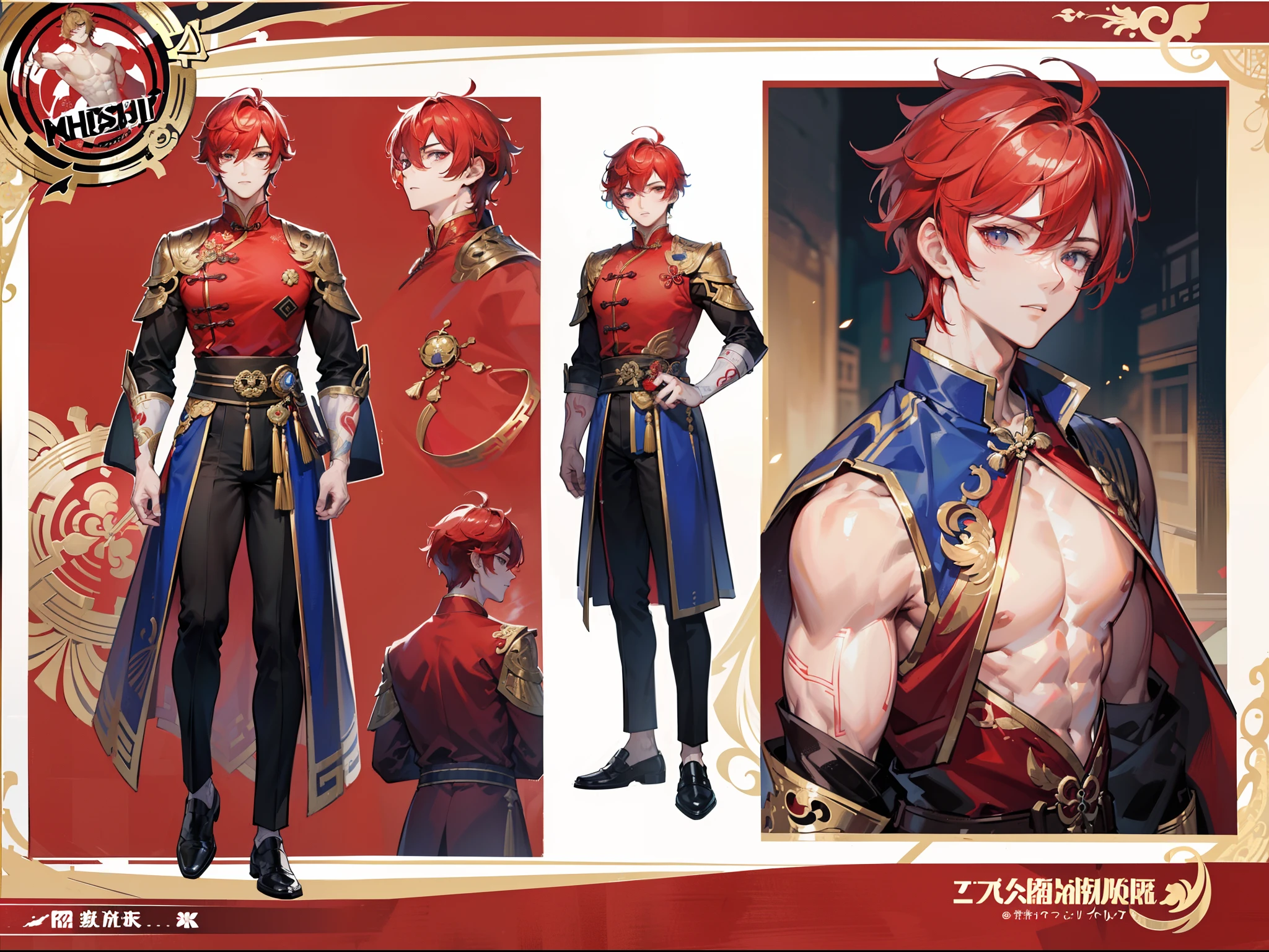 ((Masterpiece, Highest quality)), Male, boy, Detailed face, character design sheet， full bodyesbian, Full of details, frontal body view, back body view, Highly detailed, Depth, Many parts, Muscle boy with red hair，handsome man, Traditional chinese clothes, Genshin Impact, man tall